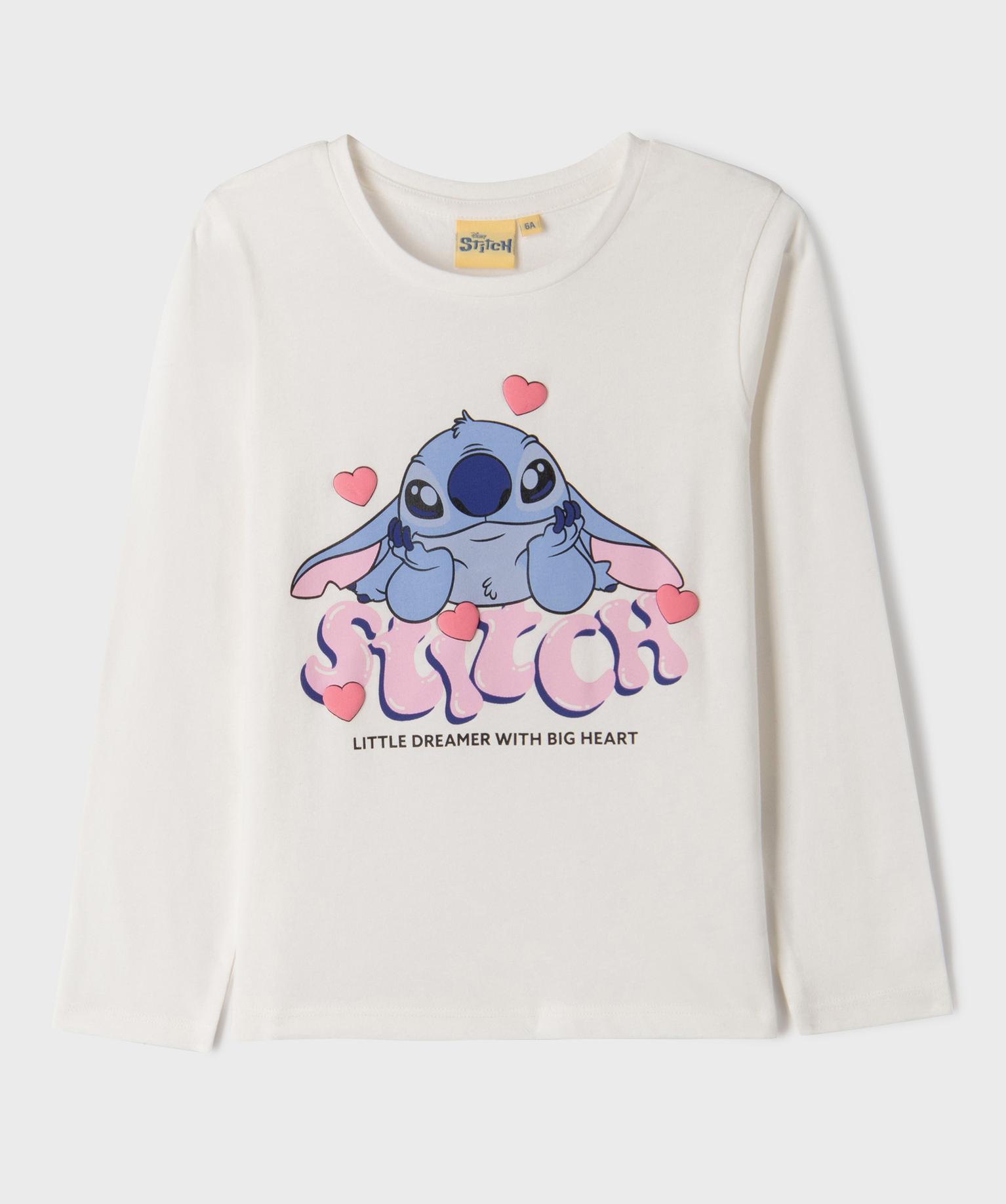 Tee-shirt manches longues en jersey de coton imprimé fille - Stitch - 6A - blanc standard - LILO & STITCH