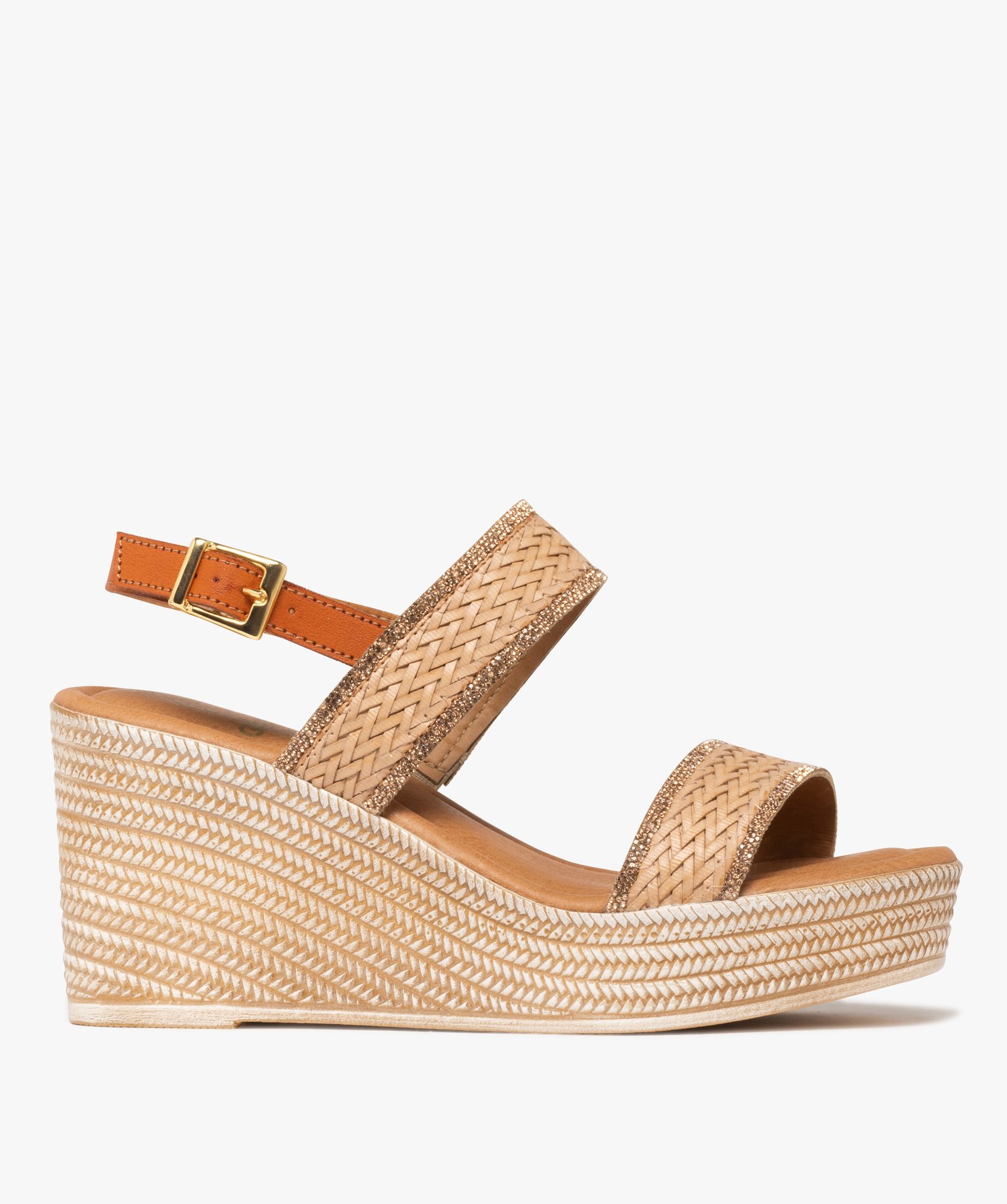 Sandales femme à talon compensé et brides effet tissé avec paillettes - 36 - beige - GEMO