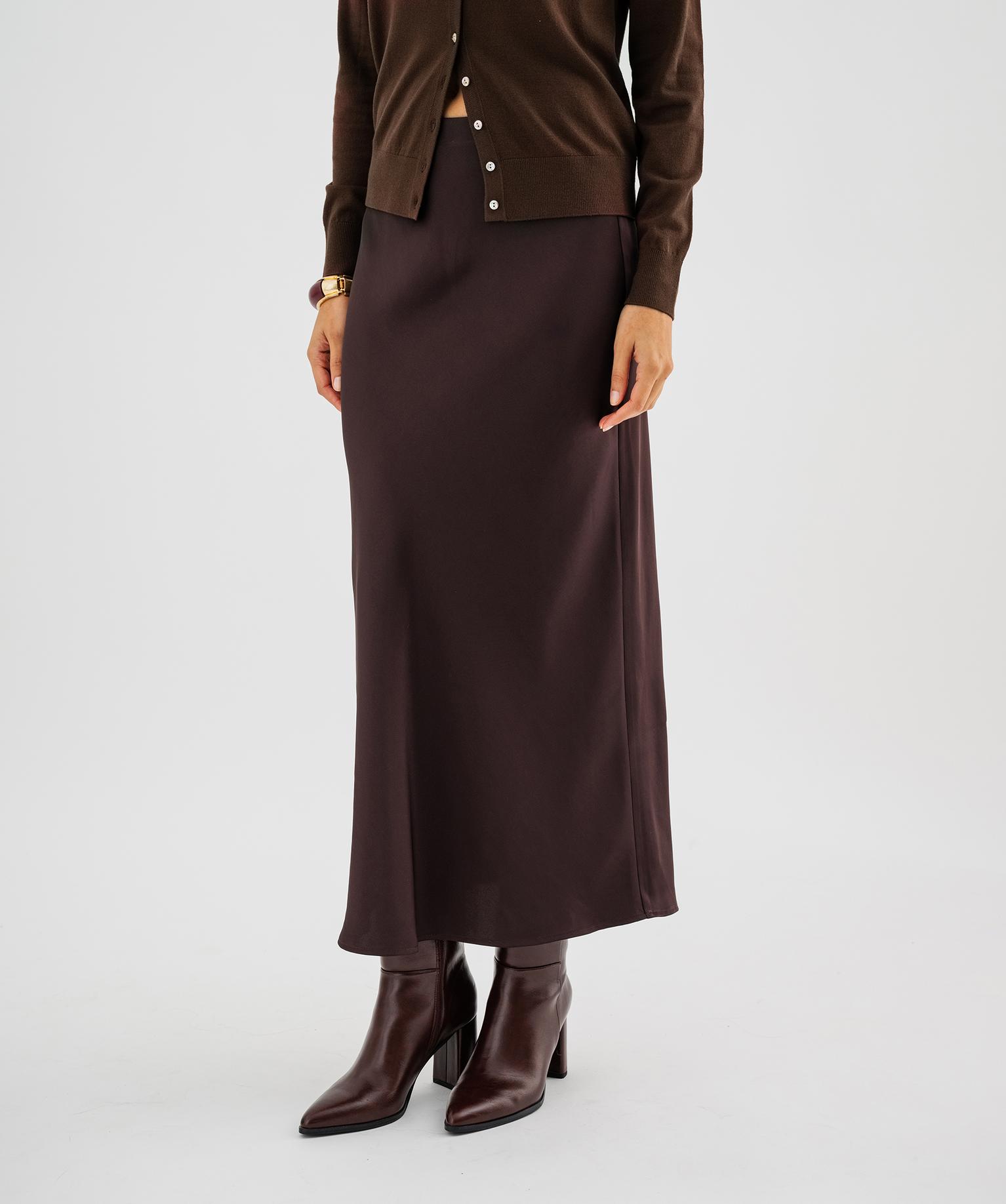 Jupe longue en matière satinée taille élastique femme - 46-48/XL - marron fonce - GEMO