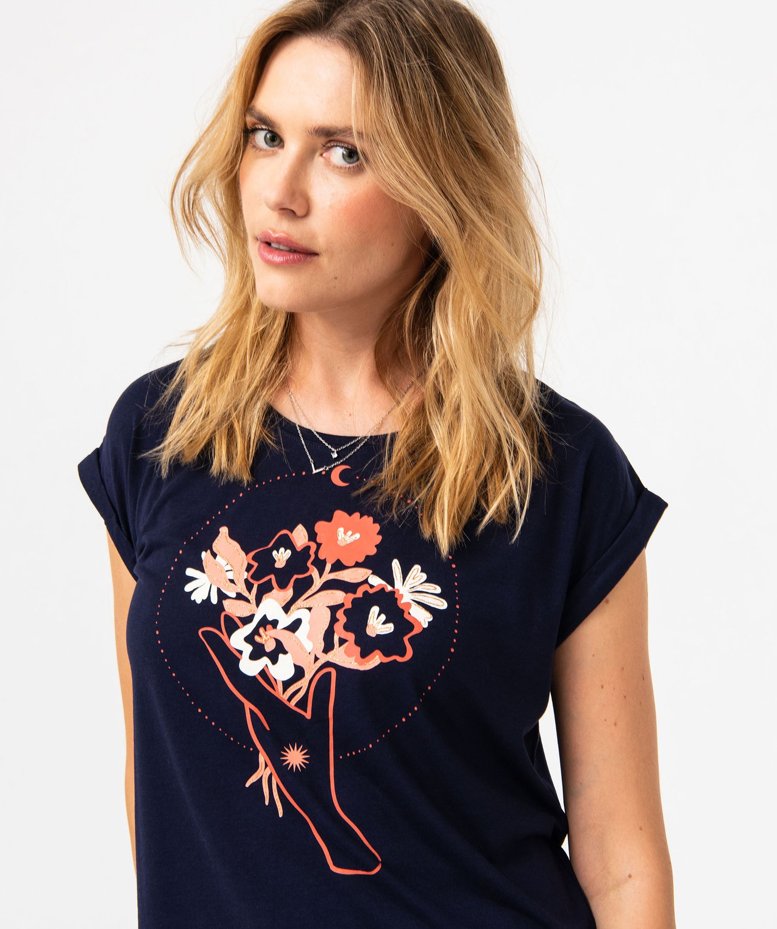 Tee Shirt à Manches Courtes Avec Motif Fleuri Femme Marine Gemo 