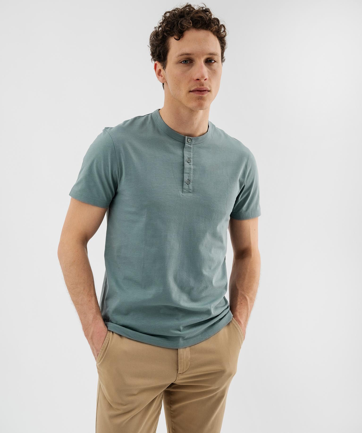 Tee-shirt manches courtes col tunisien en jersey de coton homme - M - bleu fonce - GEMO