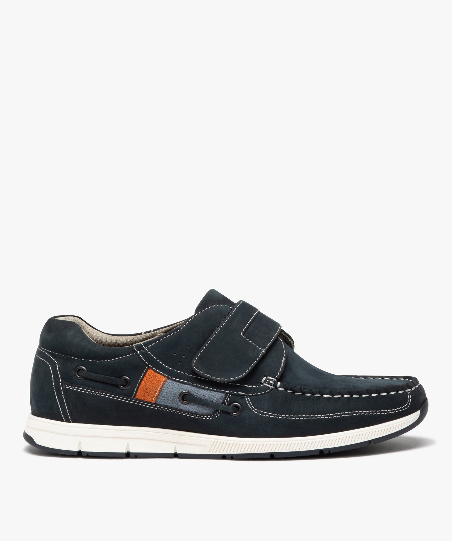 Chaussures bateau homme confort dessus en cuir uni et à scratch - 45 - marine - GEMO