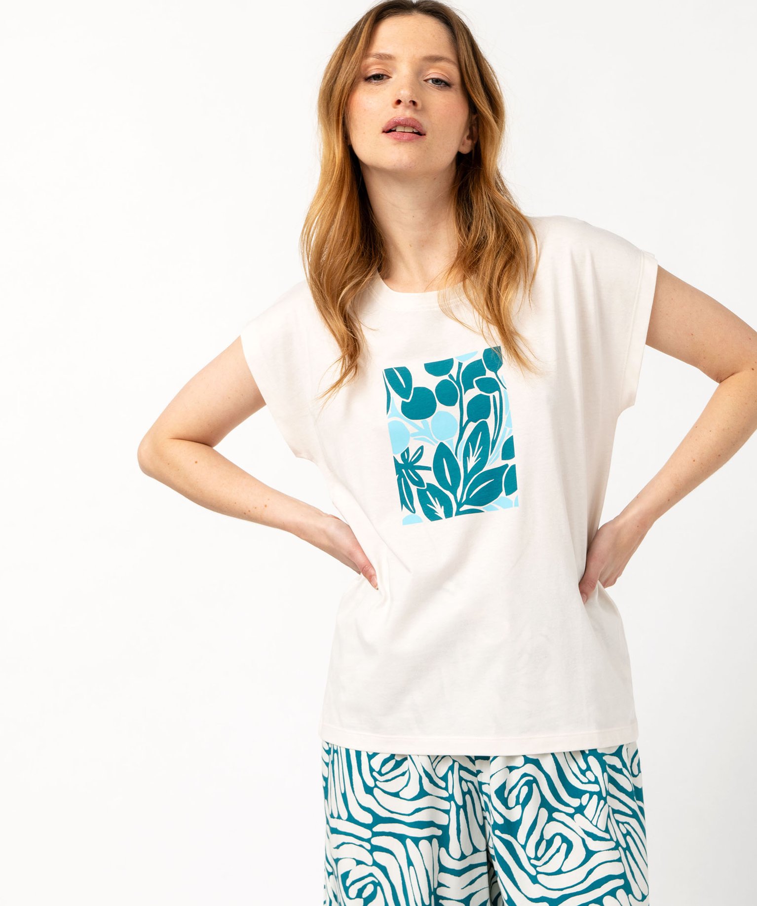 Haut de pyjama à manches ultra courtes avec motif fleuri femme - XS - beige - GEMO