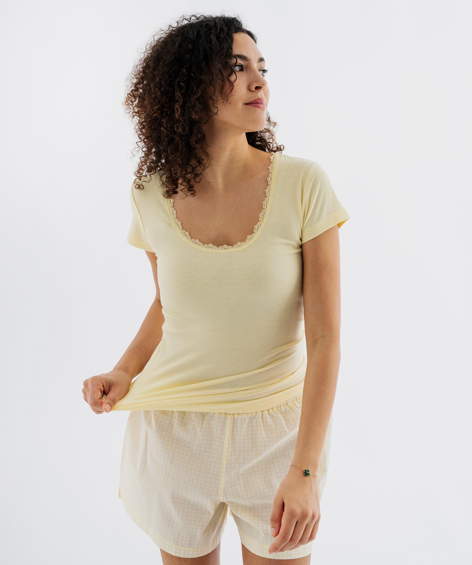 Haut de pyjama en maille côtelée femme - L - jaune clair - GEMO