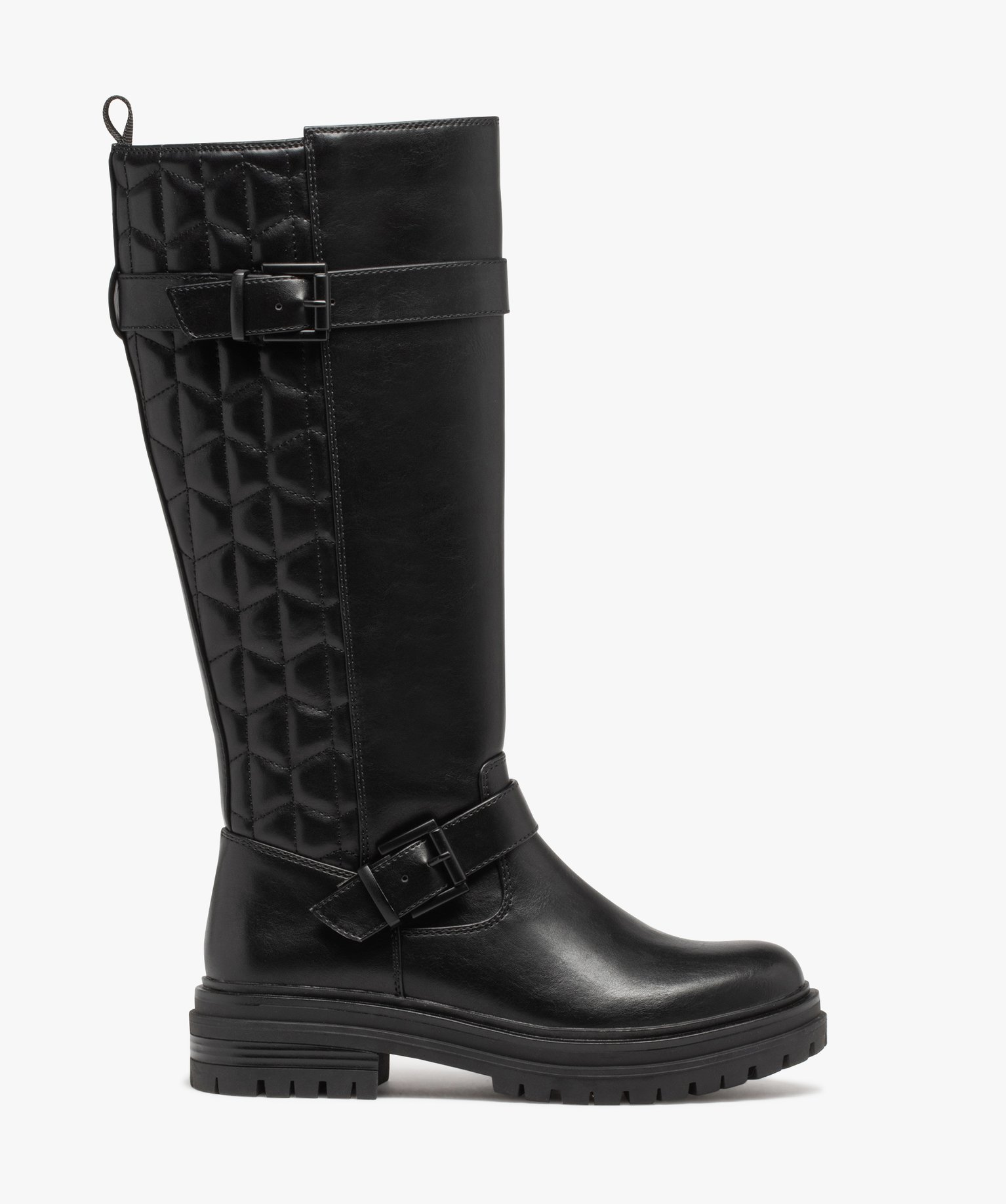 Bottes femme à talon plat dessus uni avec effet arrière matelassé - 39 - noir - GEMO