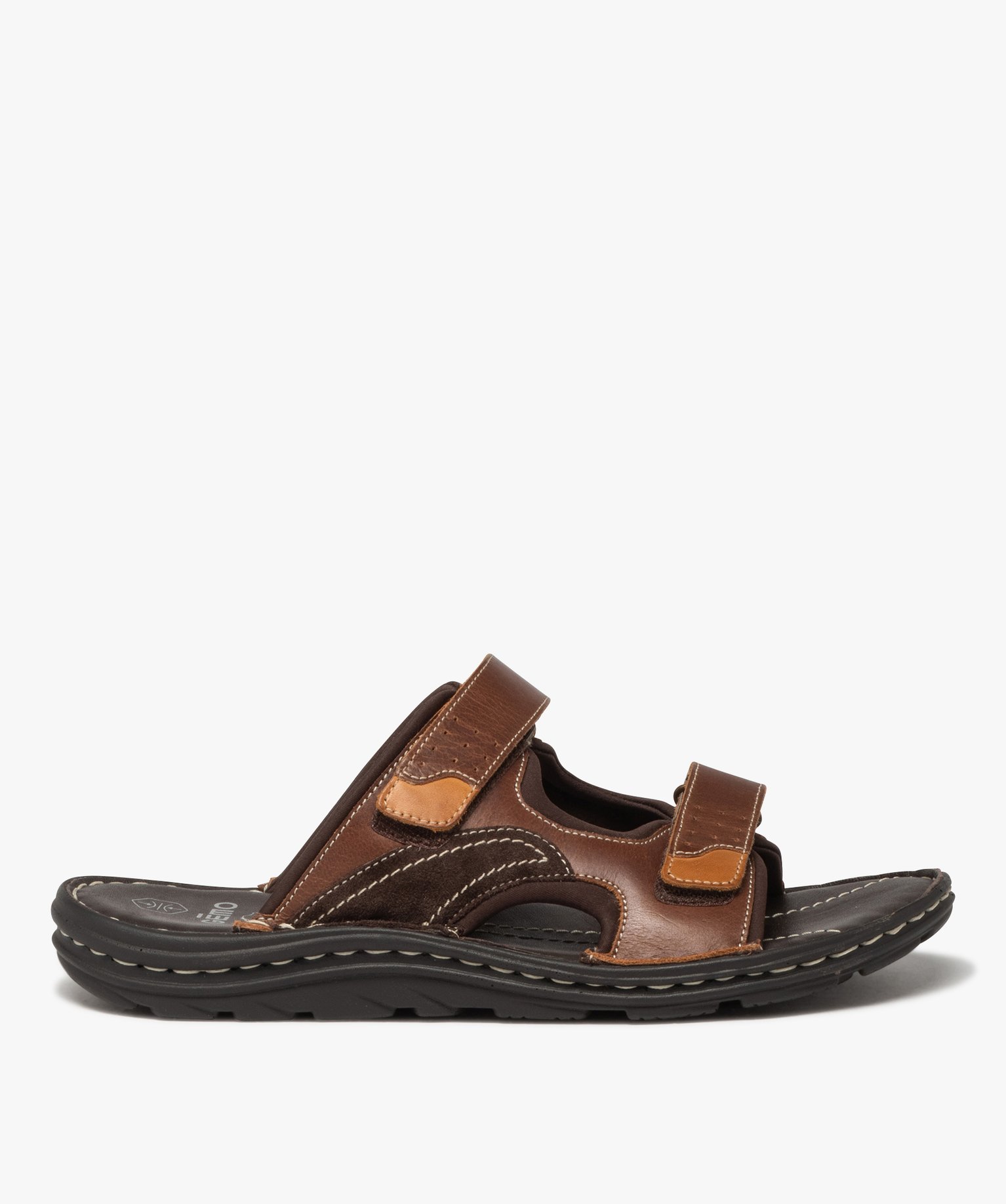 Mules homme dessus en cuir à larges brides à scratch - 44 - marron - GEMO