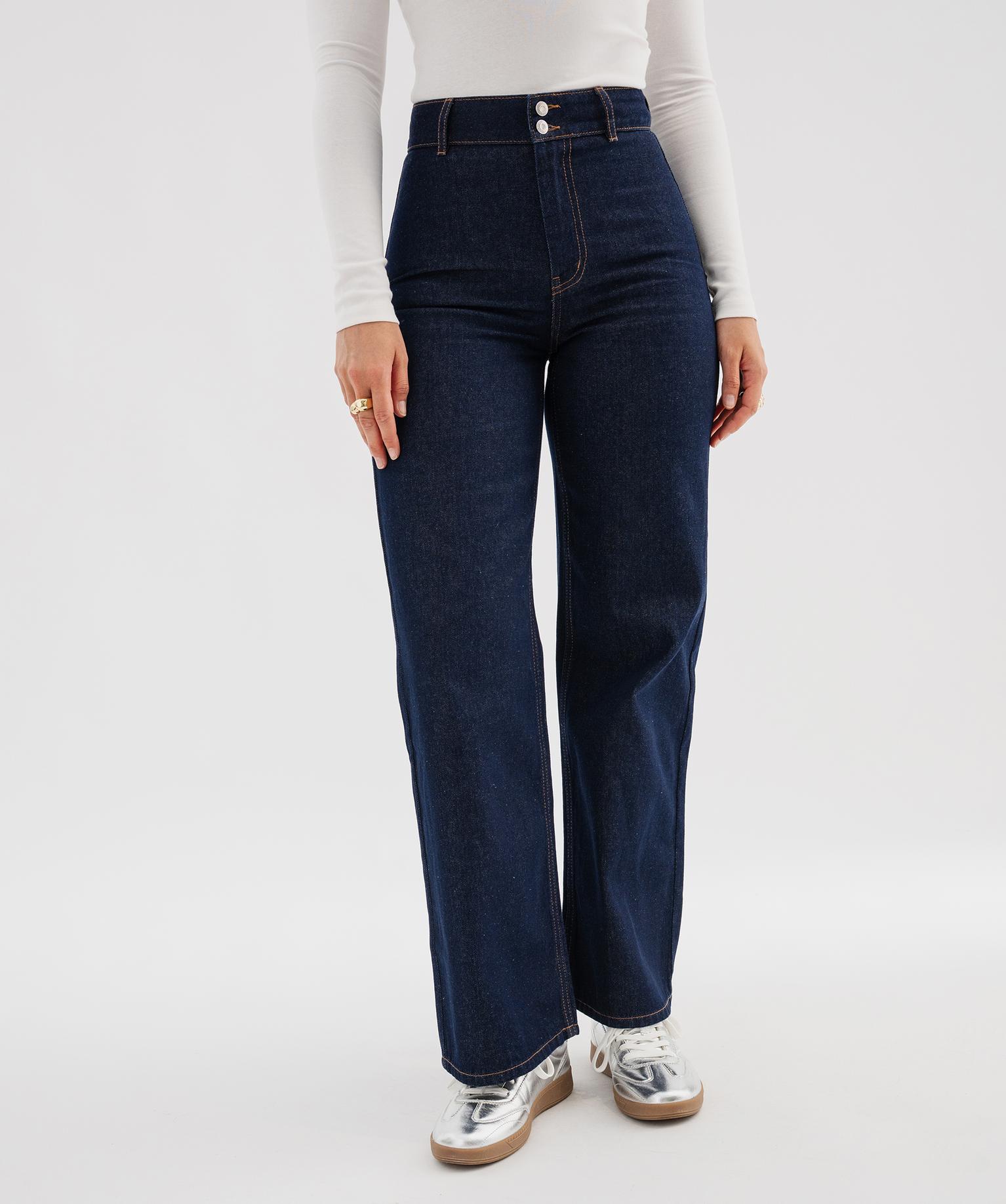 Jean straight taille haute sans poches en denim léger femme - 38-40/M - bleu fonce - GEMO