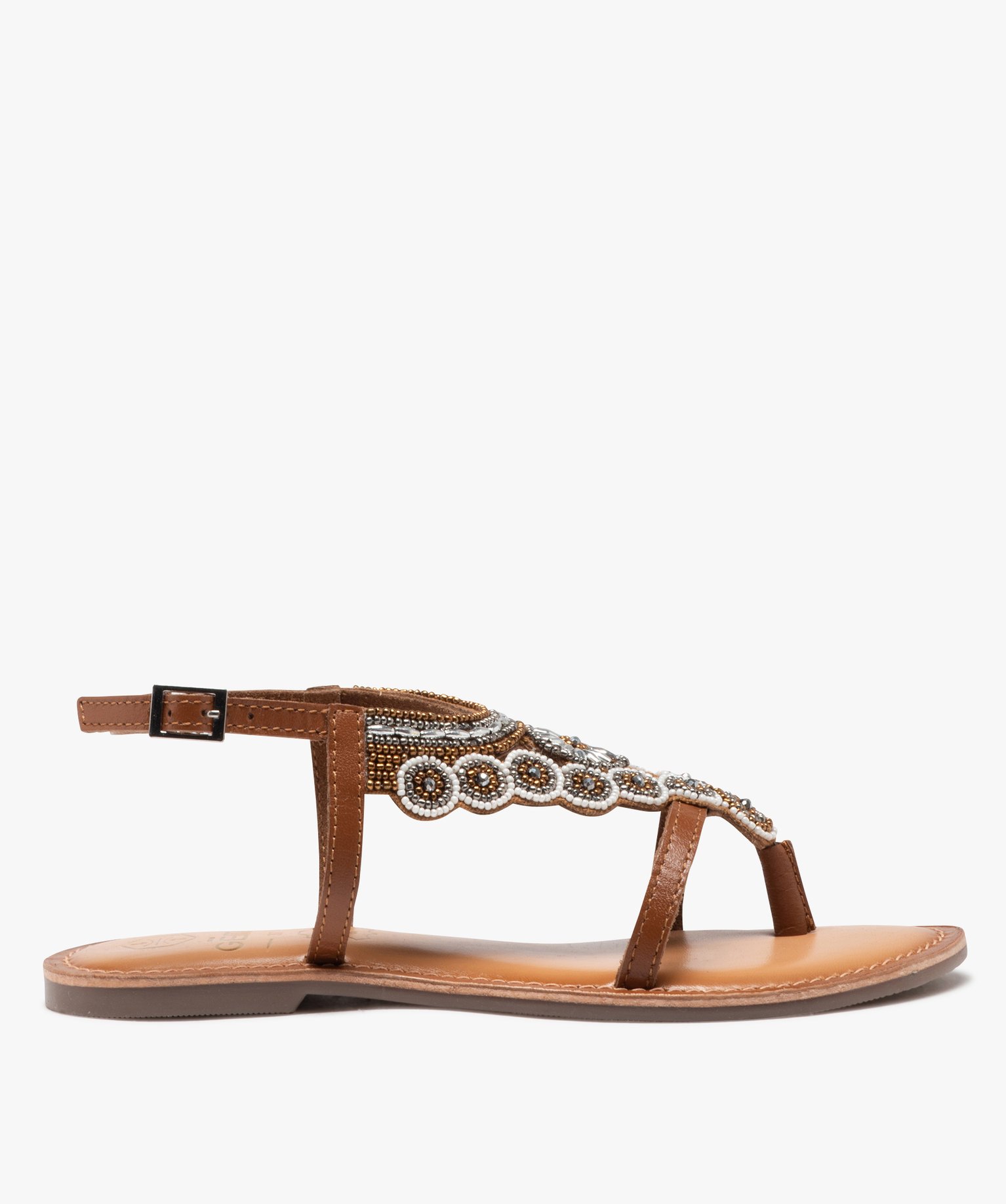 Sandales femme en cuir avec dessus en perles et à entre-doigts - 37 - camel - GEMO