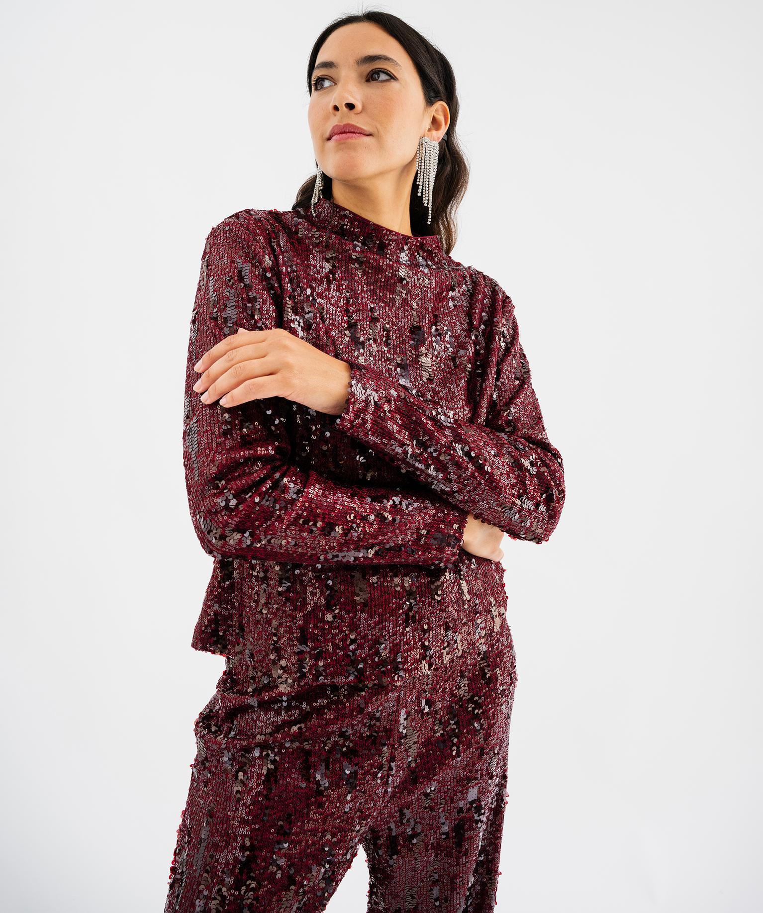 Tee-shirt col montant sequins femme - 46-48/XL - rouge fonce - GEMO