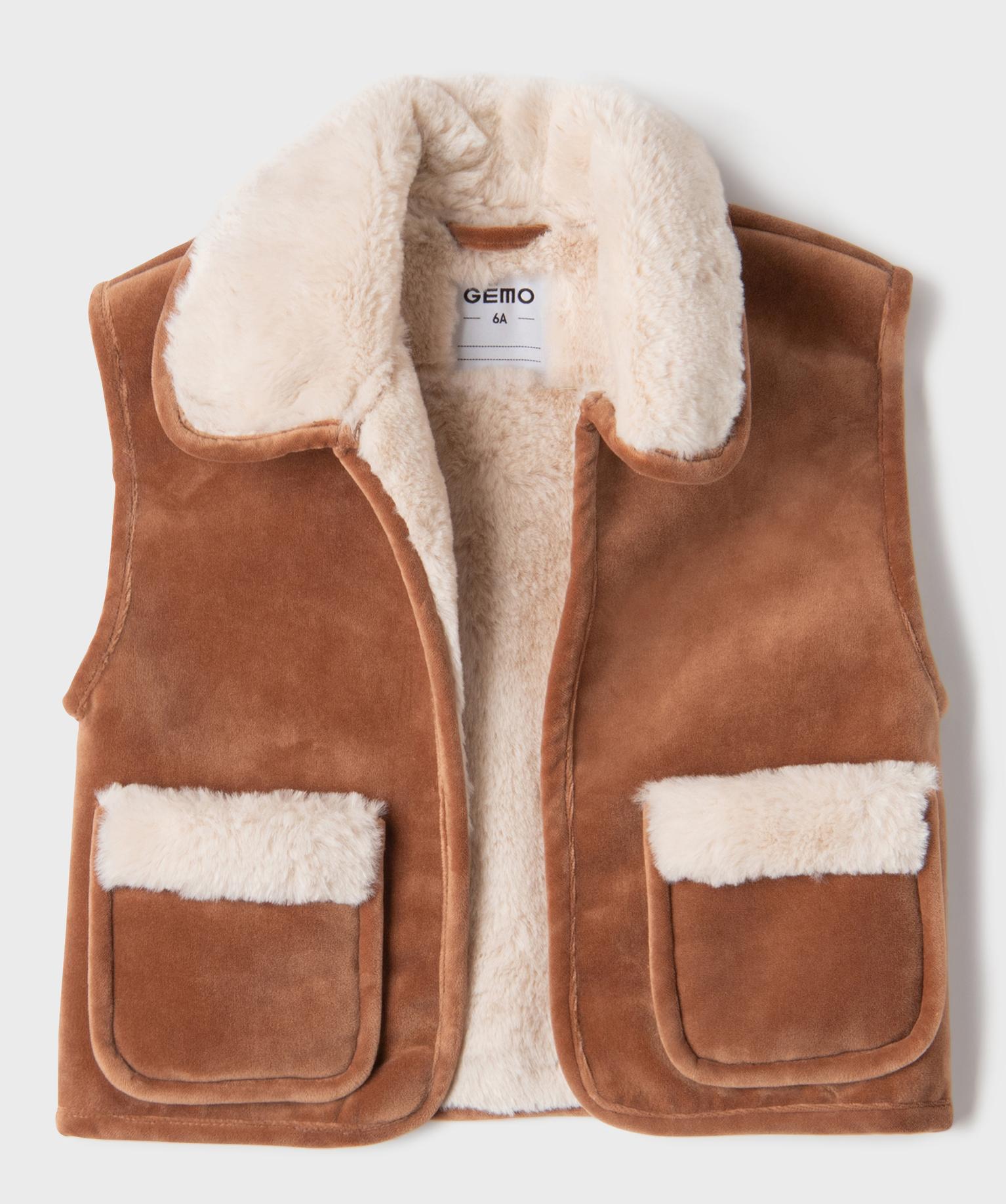 Veste sans manches fourrée en velours ras fille - 5A - beige standard - GEMO