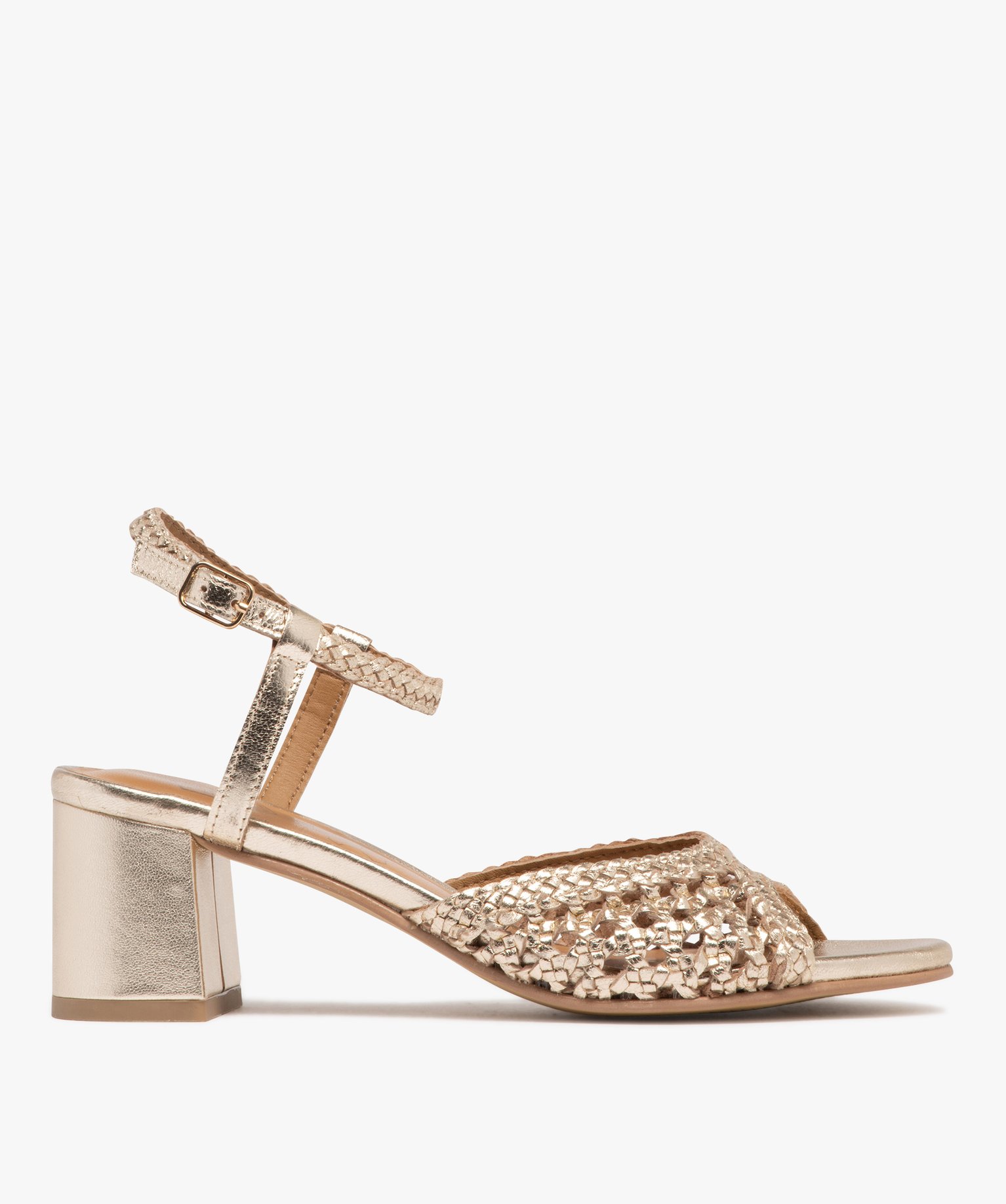 Sandales femme à talon carré avec bandeau en cuir tressé métallisé - Taneo - 40 - dore - TANEO