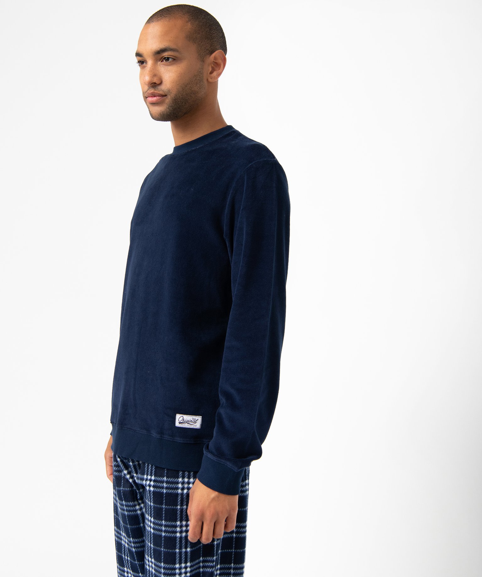 Pyjama Homme Long En Coton Hiver - Haut Uni, Pantalon à Carreaux, Taille élastique, Poches - Confortable Pour La Nuit