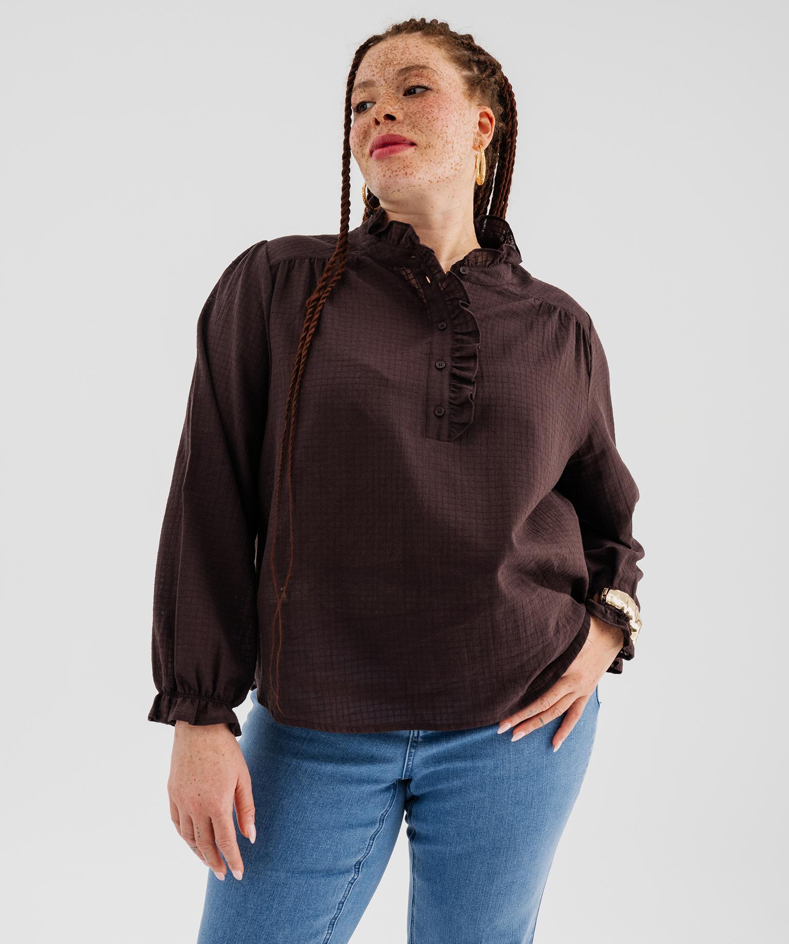 Blouse manches longues avec col victorien à volants femme grande taille - 50-52/XXL - marron fonce - GEMO