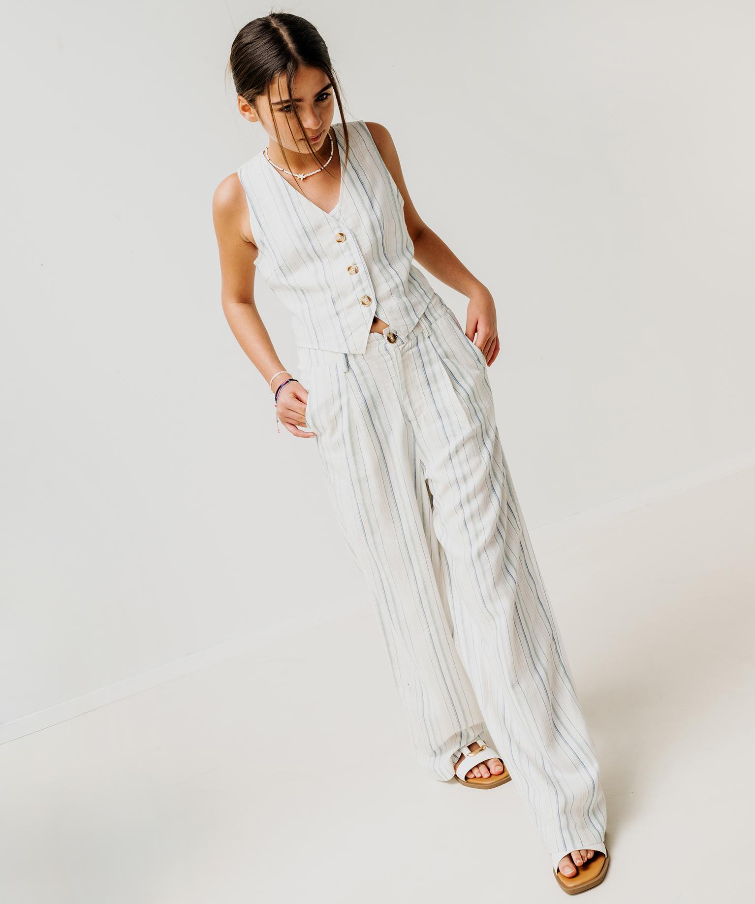 Pantalon large en viscose et lin rayé fille - 12A/32 - bleu - GEMO