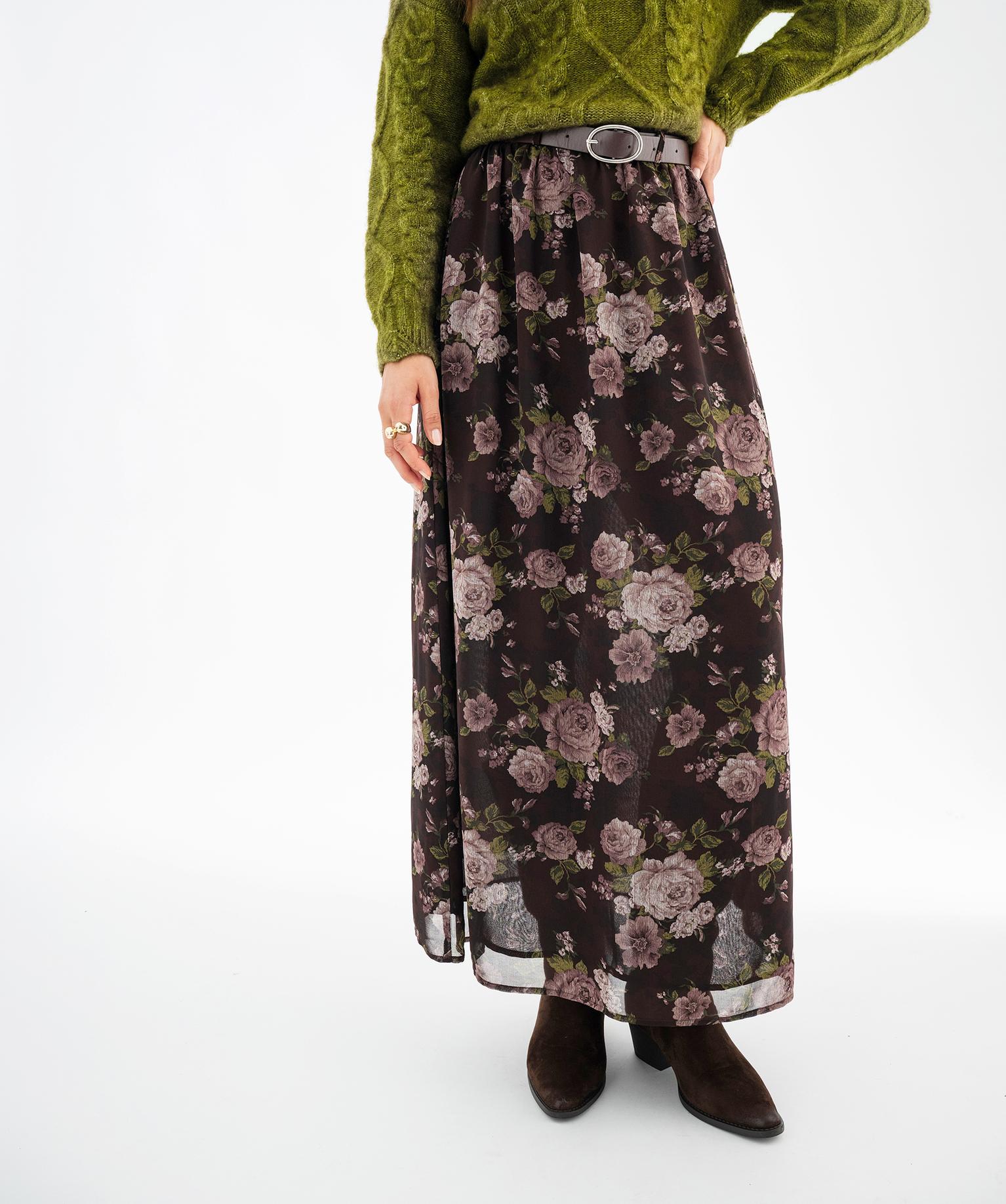 Jupe longue en voile fleurie avec ceinture femme - 38-40/M - marron fonce - GEMO