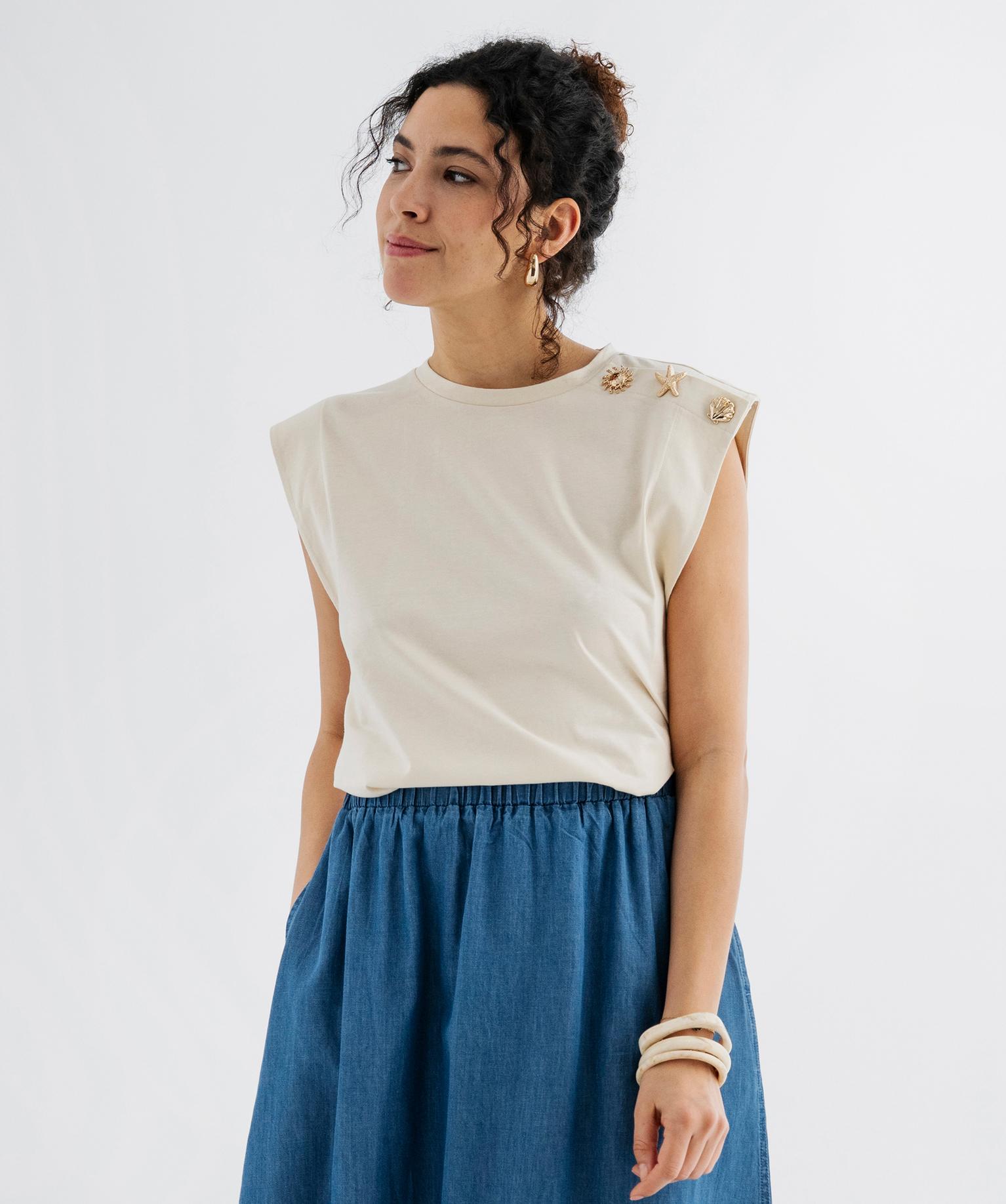 Tee-shirt sans manches avec boutons fantaisie sur l’épaule femme - S - beige clair - GEMO