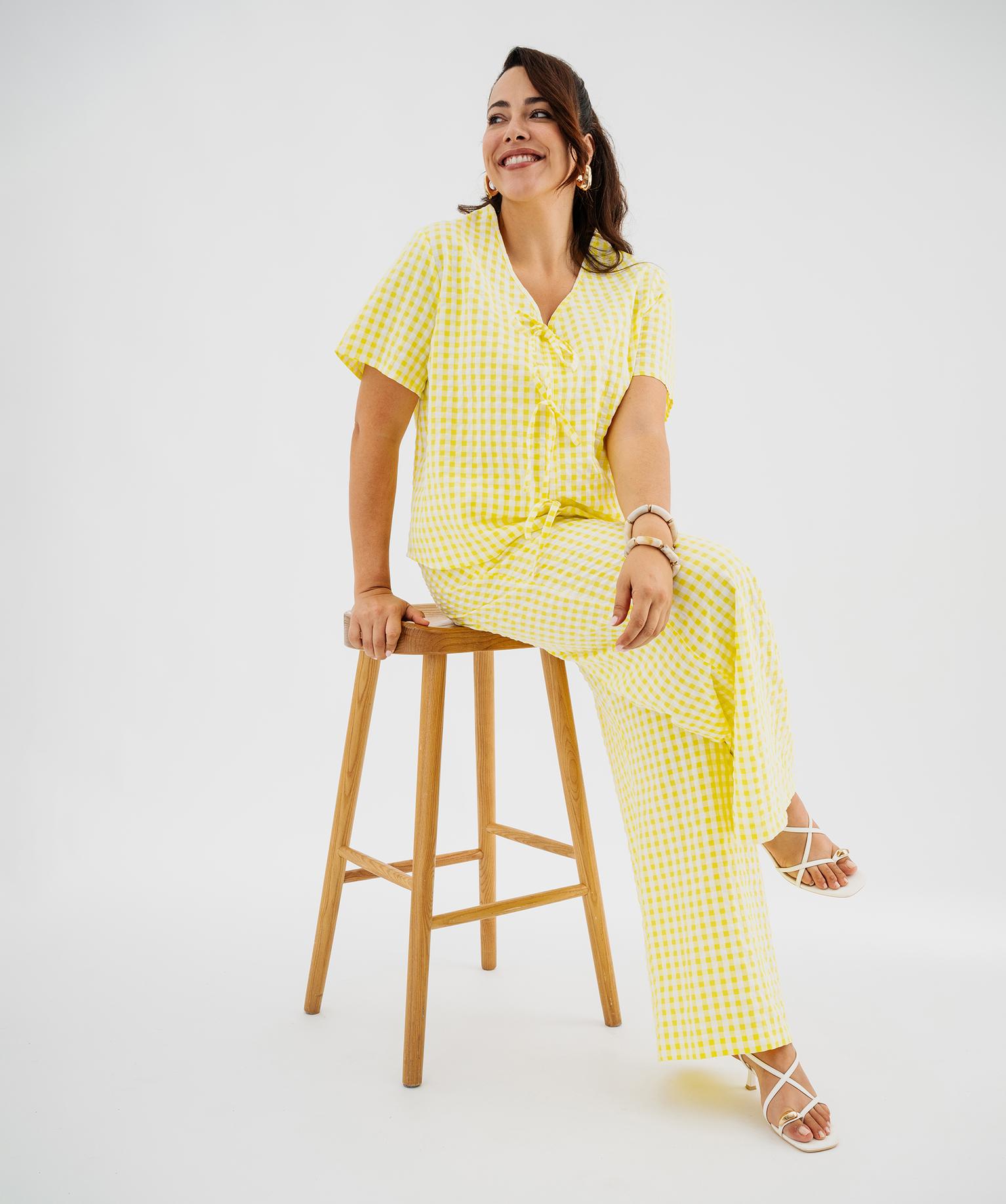 Pantalon en toile de coton gaufré à carreaux vichy femme grande taille - 50-52/XXL - jaune - GEMO