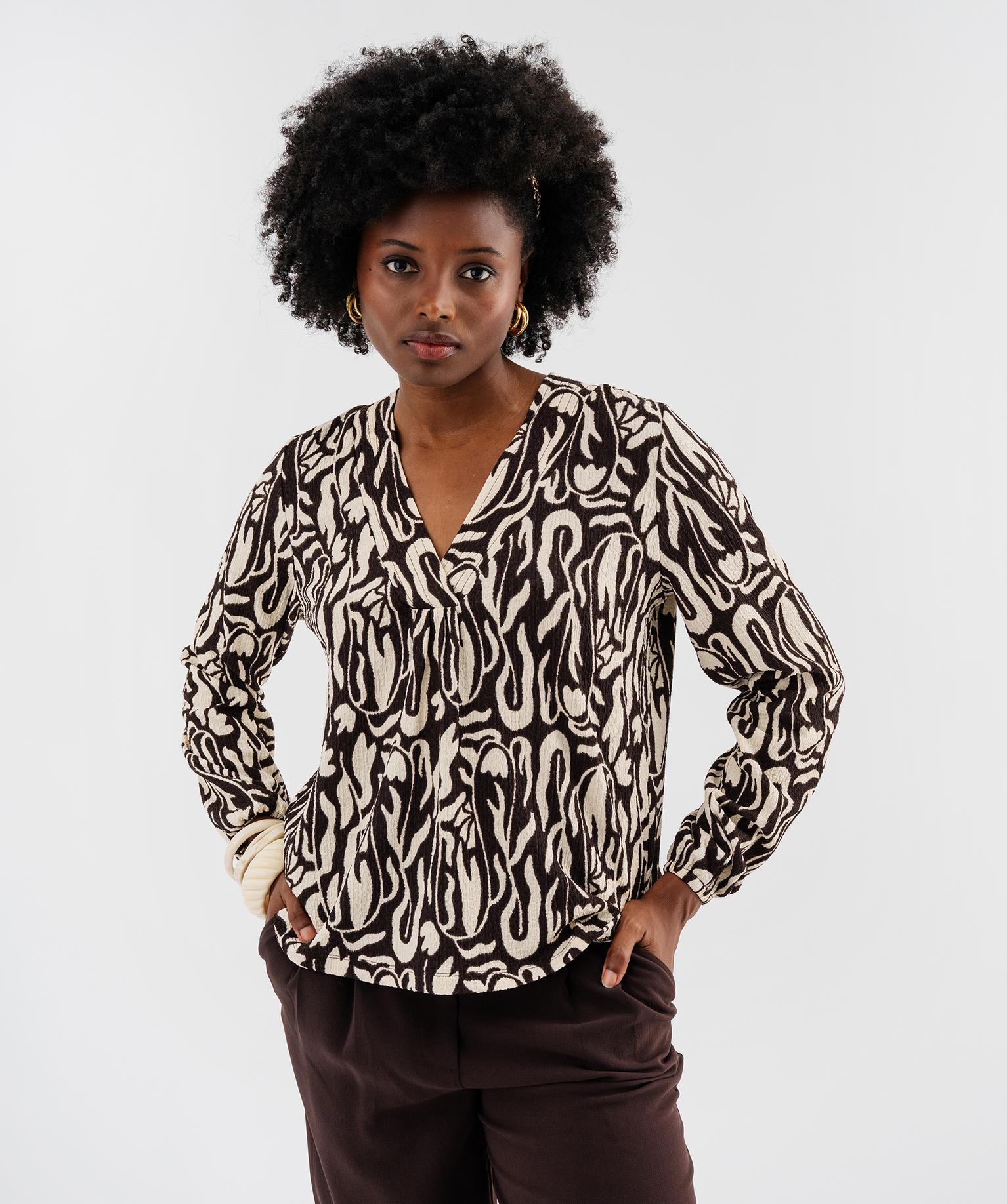 Blouse à manches longues et col V imprimée femme - 42-44/L - beige - GEMO