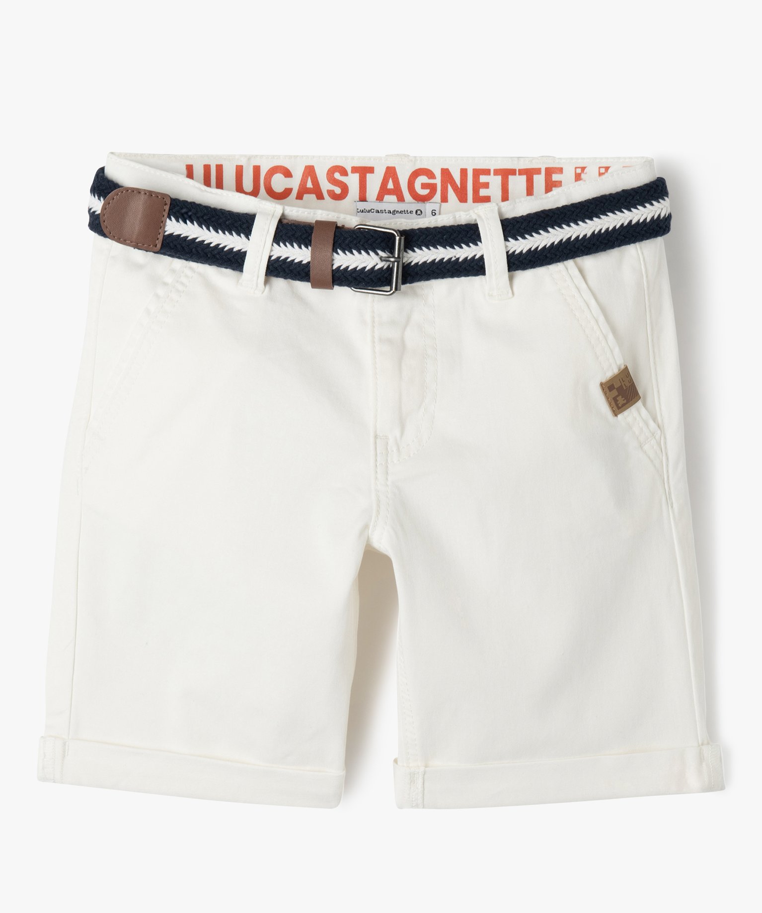 Bermuda chino avec ceinture tressée garçon - LuluCastagnette - 8 - blanc - LULUCASTAGNETTE