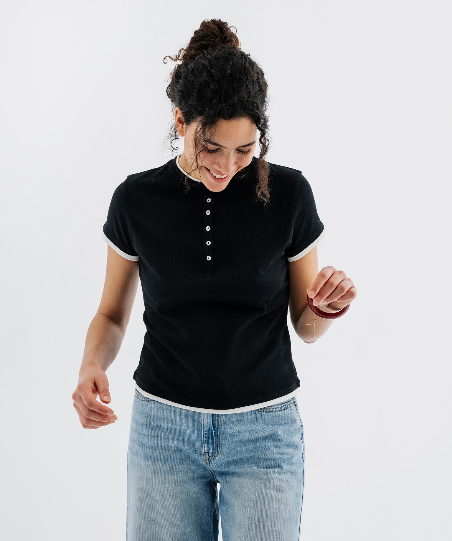 Tee-shirt manches courtes et col rond boutonné femme - XL - noir standard - GEMO