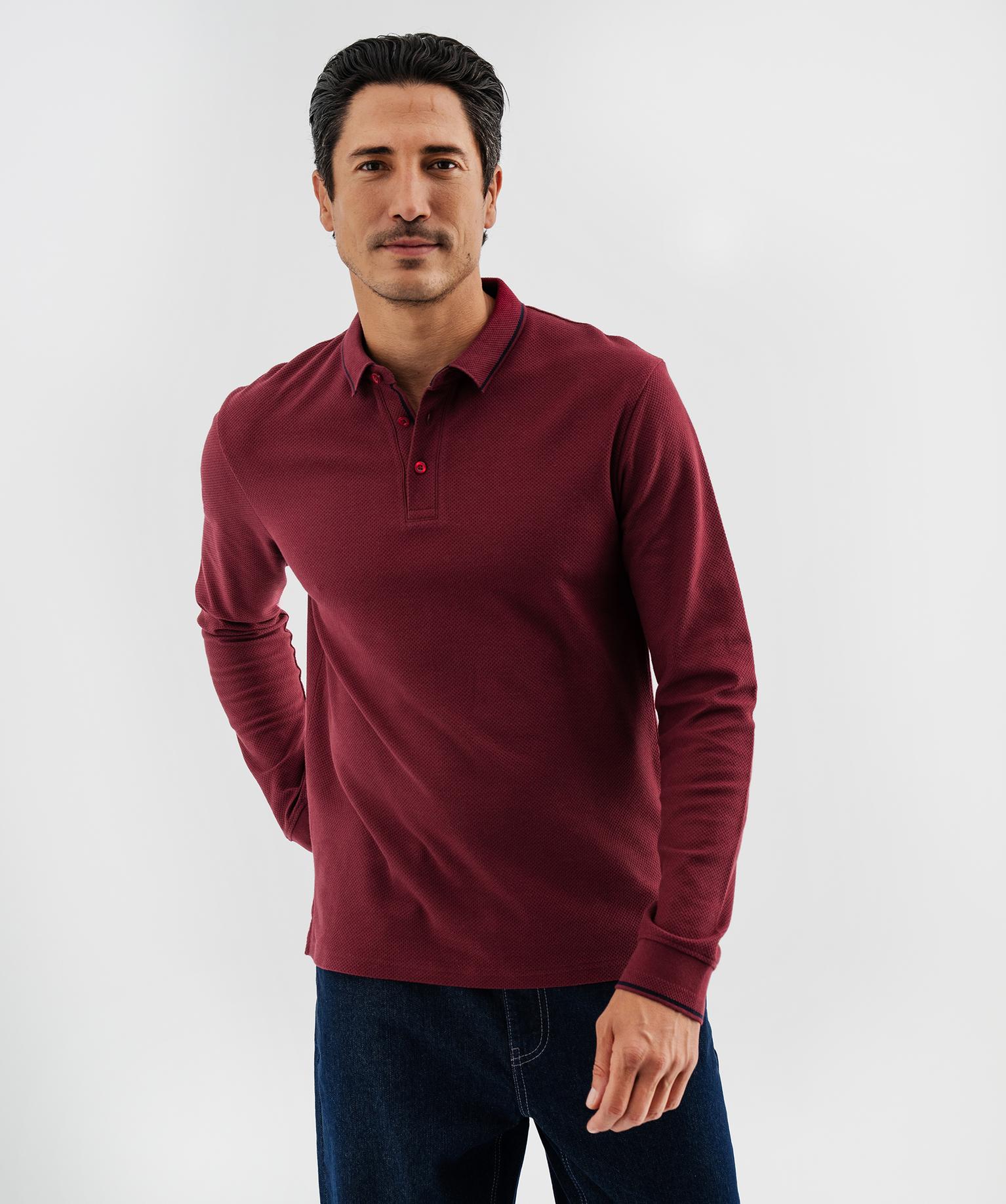 Polo à manches longues en maille fantaisie homme - 46-48/XL - rouge fonce - GEMO
