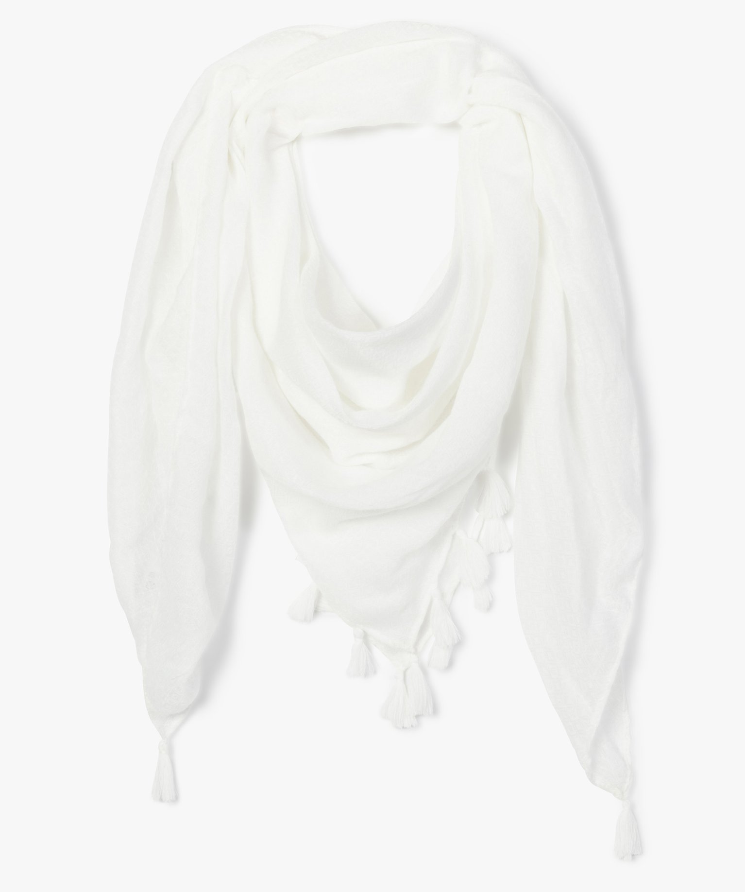 foulard femme uni en maille texturée et finitions pompons