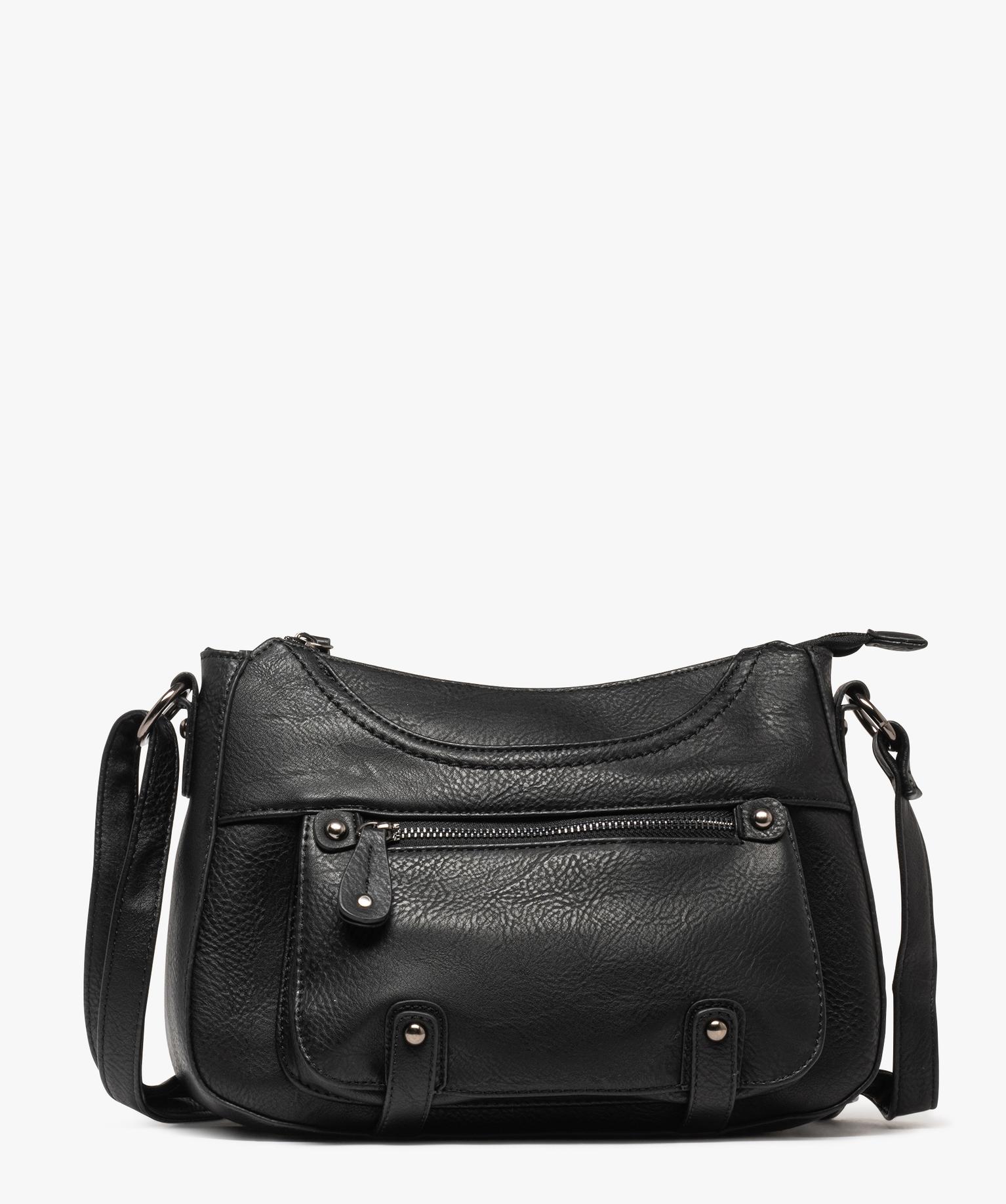 Sac à Bandoulière Femme - Cuir Synthétique Souple - Multi-poches - Noir - 26x12x19 Cm - Sangle Réglable