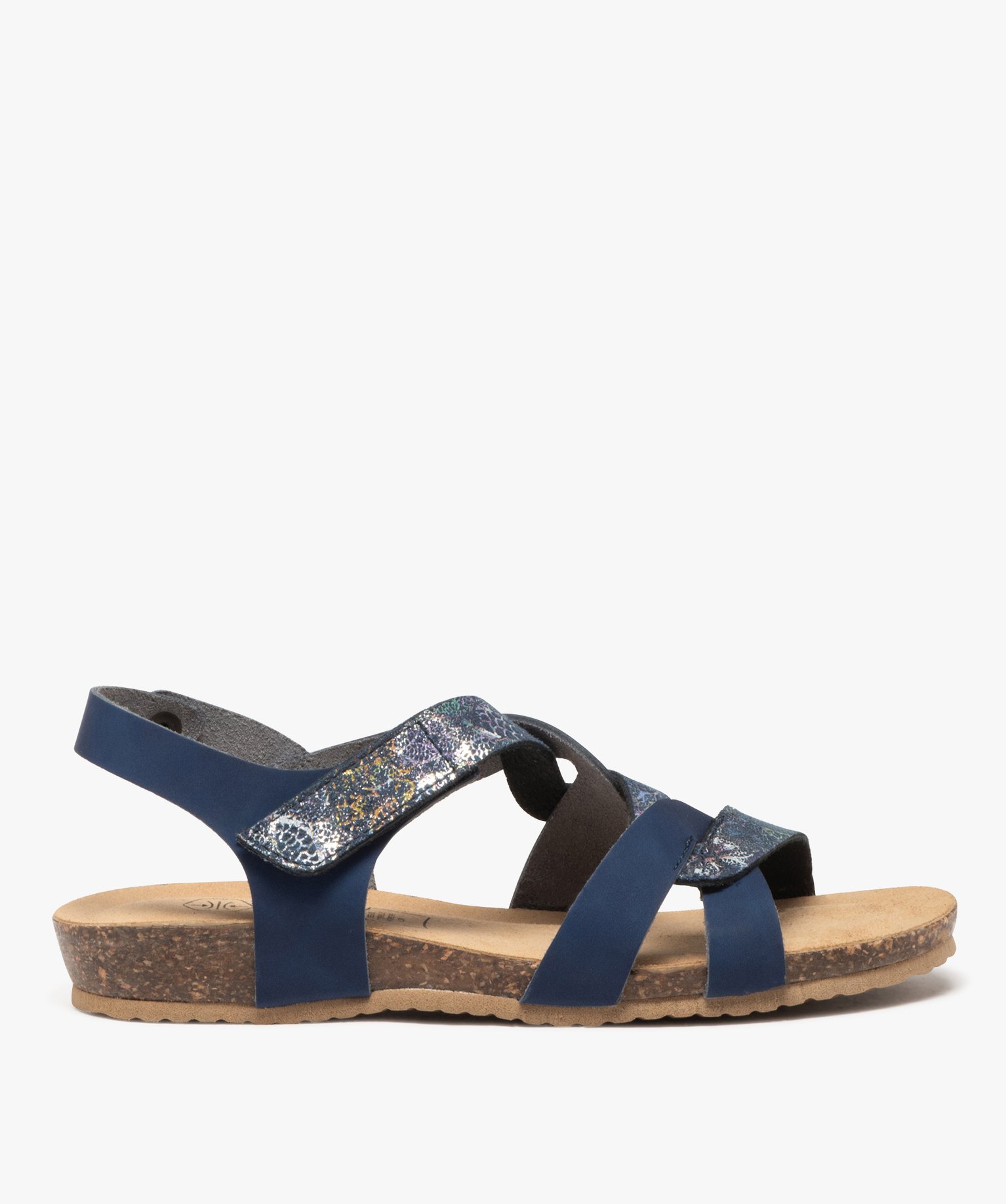 Sandales femme en cuir avec bride cheville à scratch et brides fantaisie zip-zag - 39 - bleu - GEMO