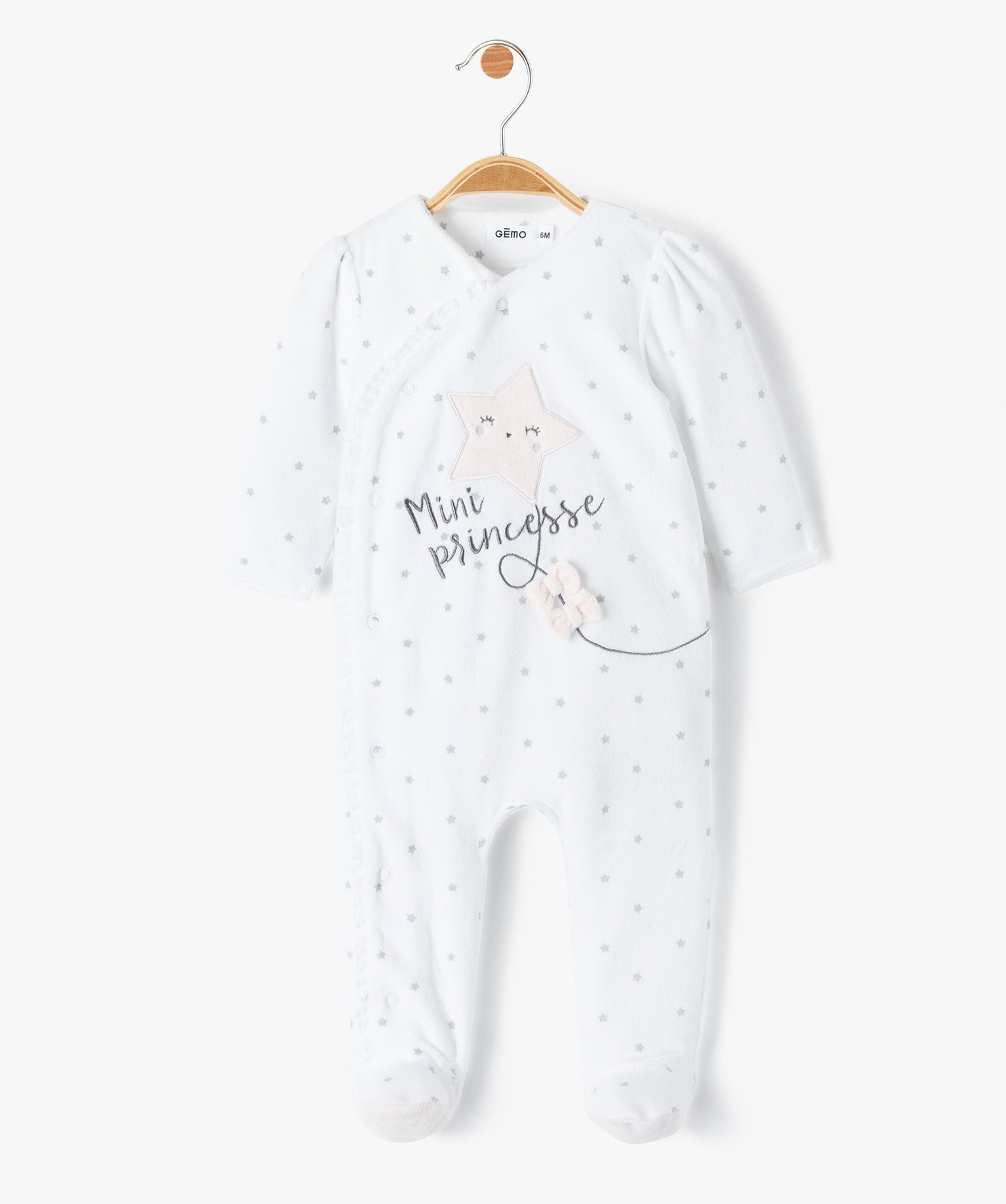 Pyjama bébé en velours avec ouverture avant et motifs étoiles - 3M - blanc - GEMO