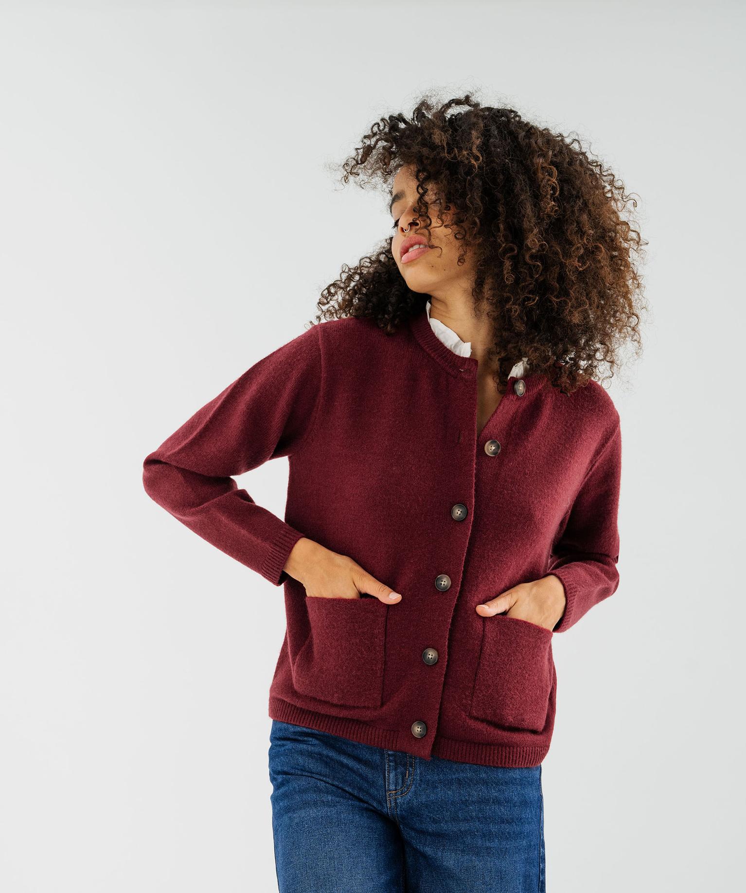 Gilet en maille à col rond avec empiècement froncé en coton femme - 38-40/M - rouge fonce - GEMO