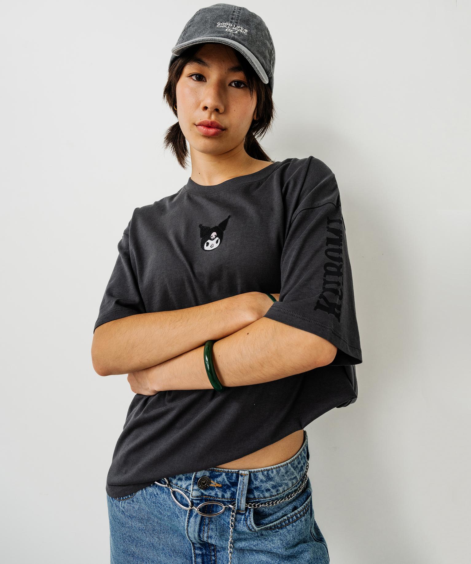 Tee-shirt manches courtes en jersey de coton imprimé devant et dos fille - Kuromi - 14A/XS - gris fonce - KUROMI
