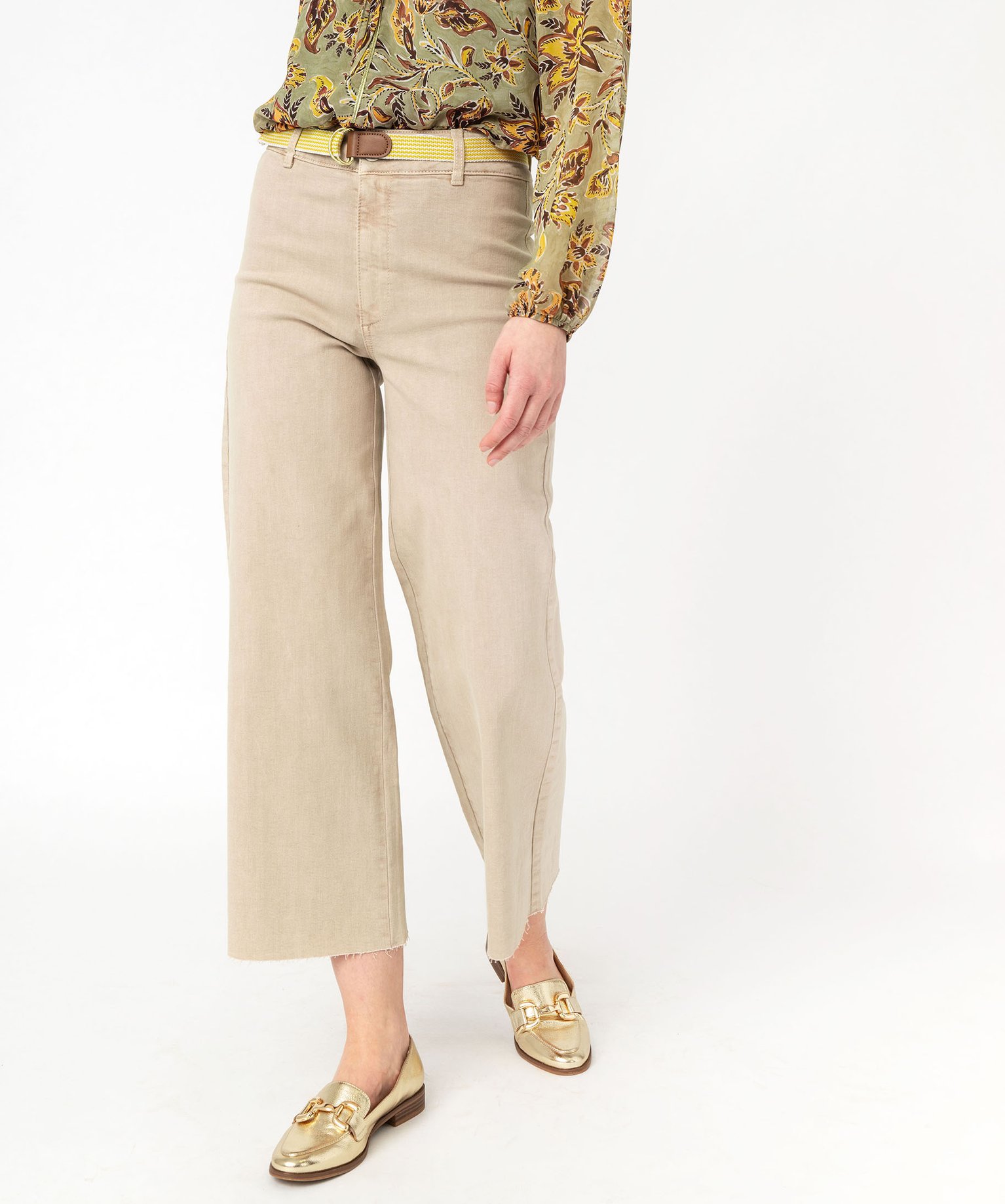 Pantacourt en toile denim coupe large femme - 42 - beige - GEMO