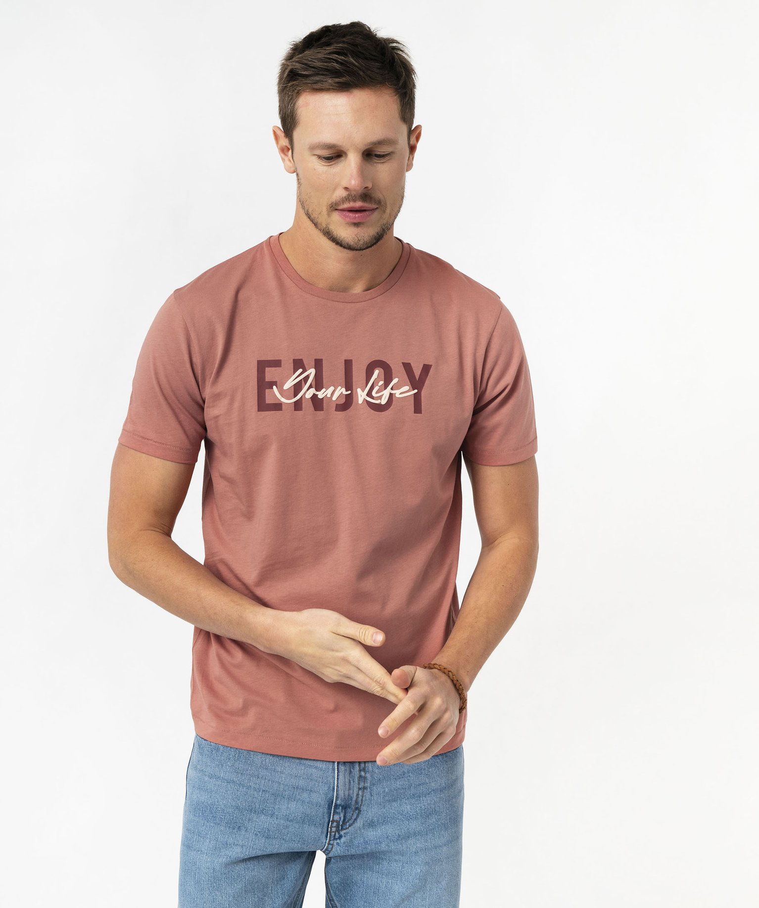 Tee-shirt manches courtes avec inscription homme - XL - rose - GEMO