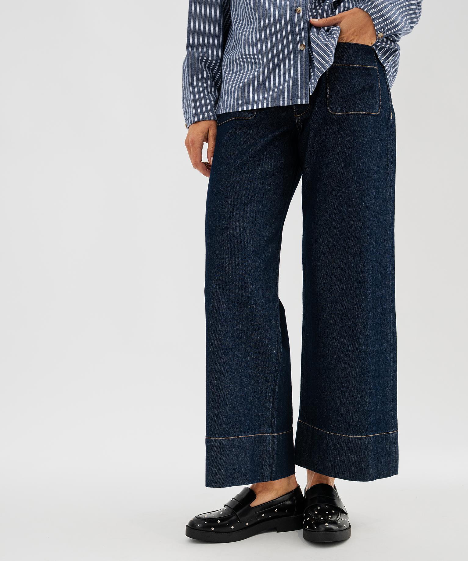 Jean wide leg en denim de coton avec poches plaquées femme - 38-40/M - bleu fonce - GEMO