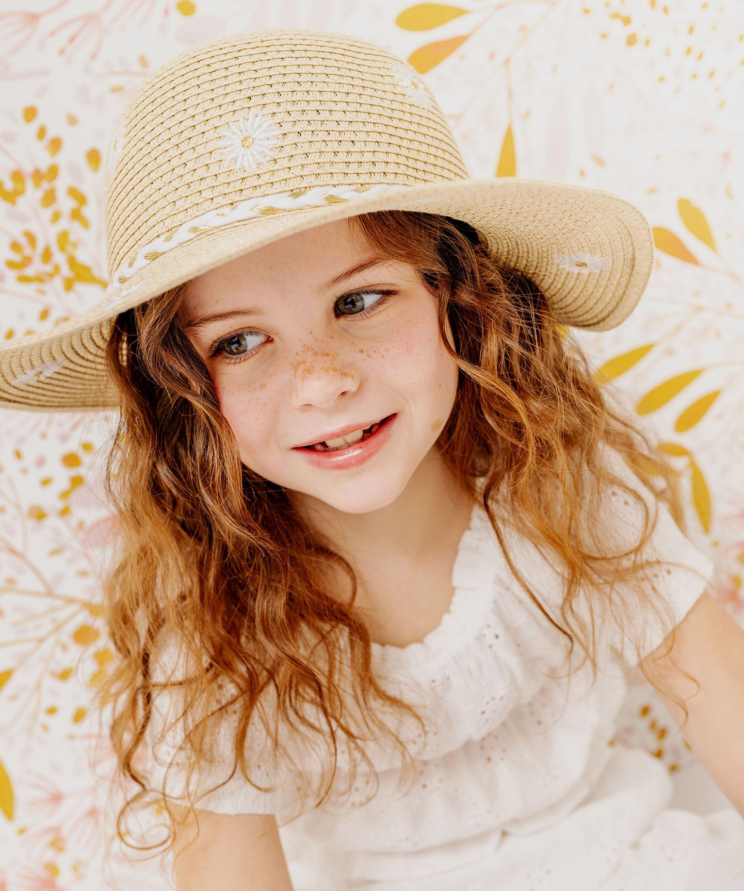 Chapeau de paille forme capeline à paillettes et fleurs fille - 50/52 - beige clair - GEMO