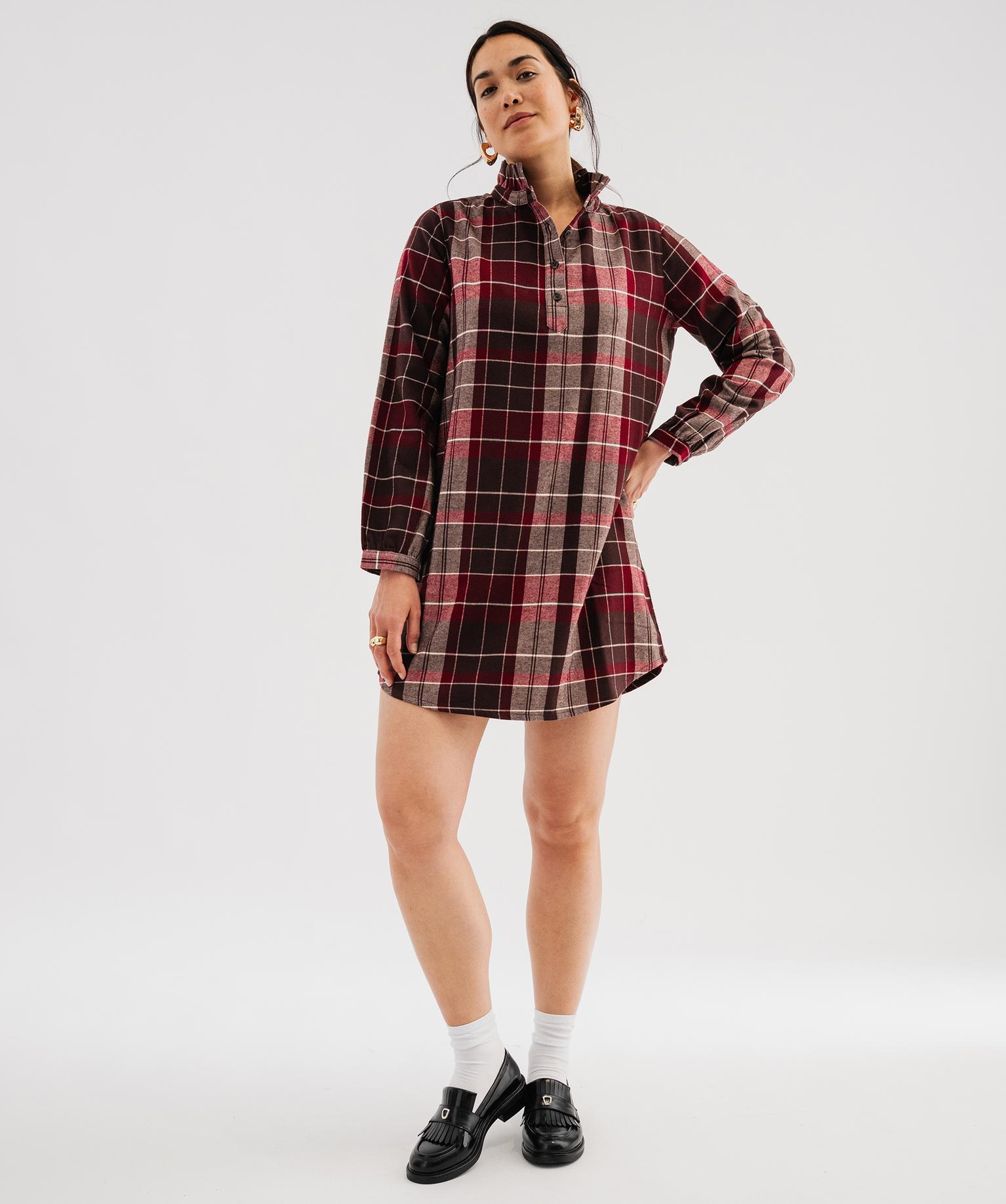 Robe courte à carreaux avec col froncé femme - 42-44/L - marron chine - GEMO