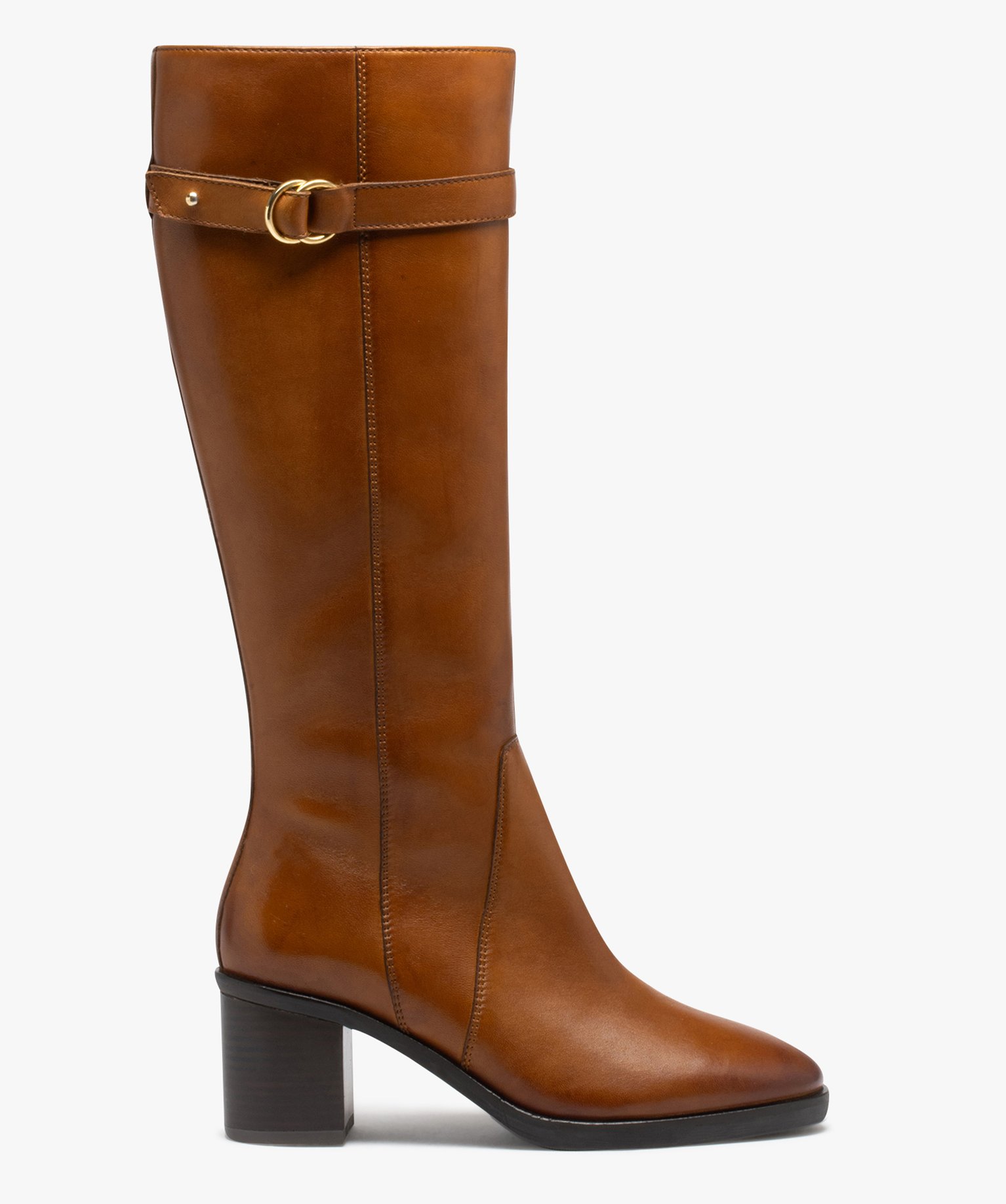 Bottes femme cavalieres a talon avec dessus en cuir uni marron GEMO