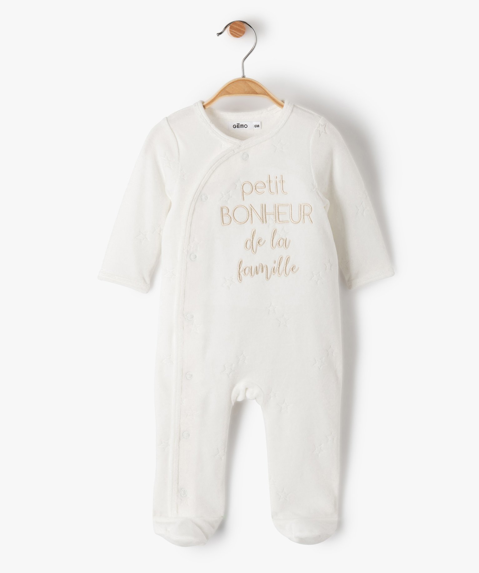 Pyjama bébé en velours avec message ouverture devant - 12M - blanc - GEMO
