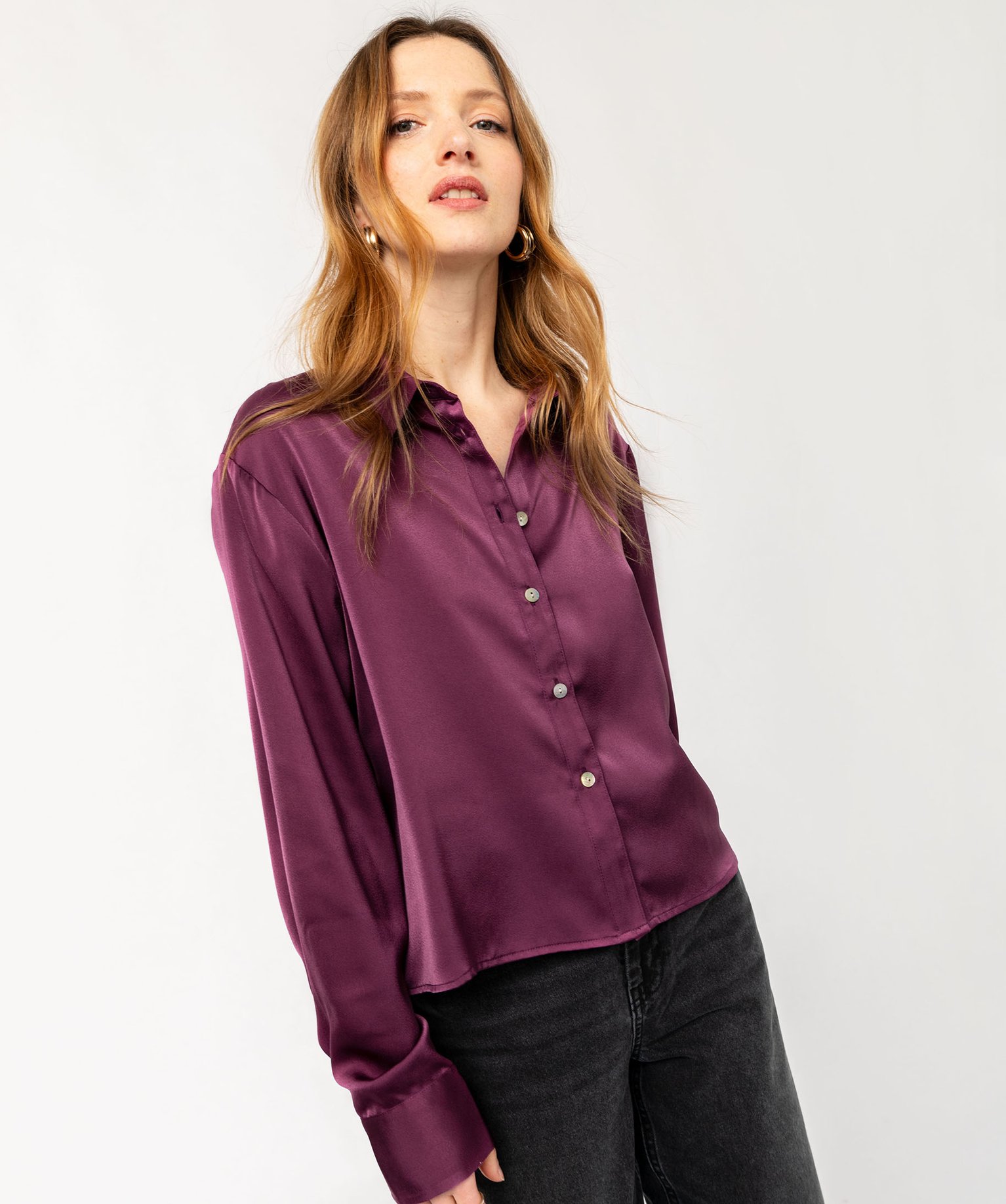 Chemise satinée coupe courte femme - 40 - rouge fonce - GEMO
