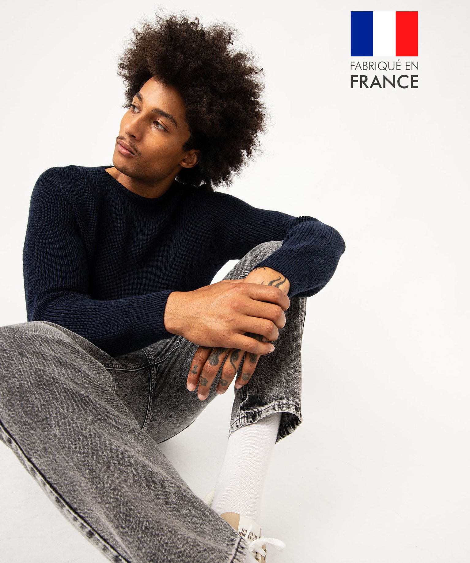 Pull en grosse maille unie avec boutons à l'épaule homme - M - bleu fonce - GEMO