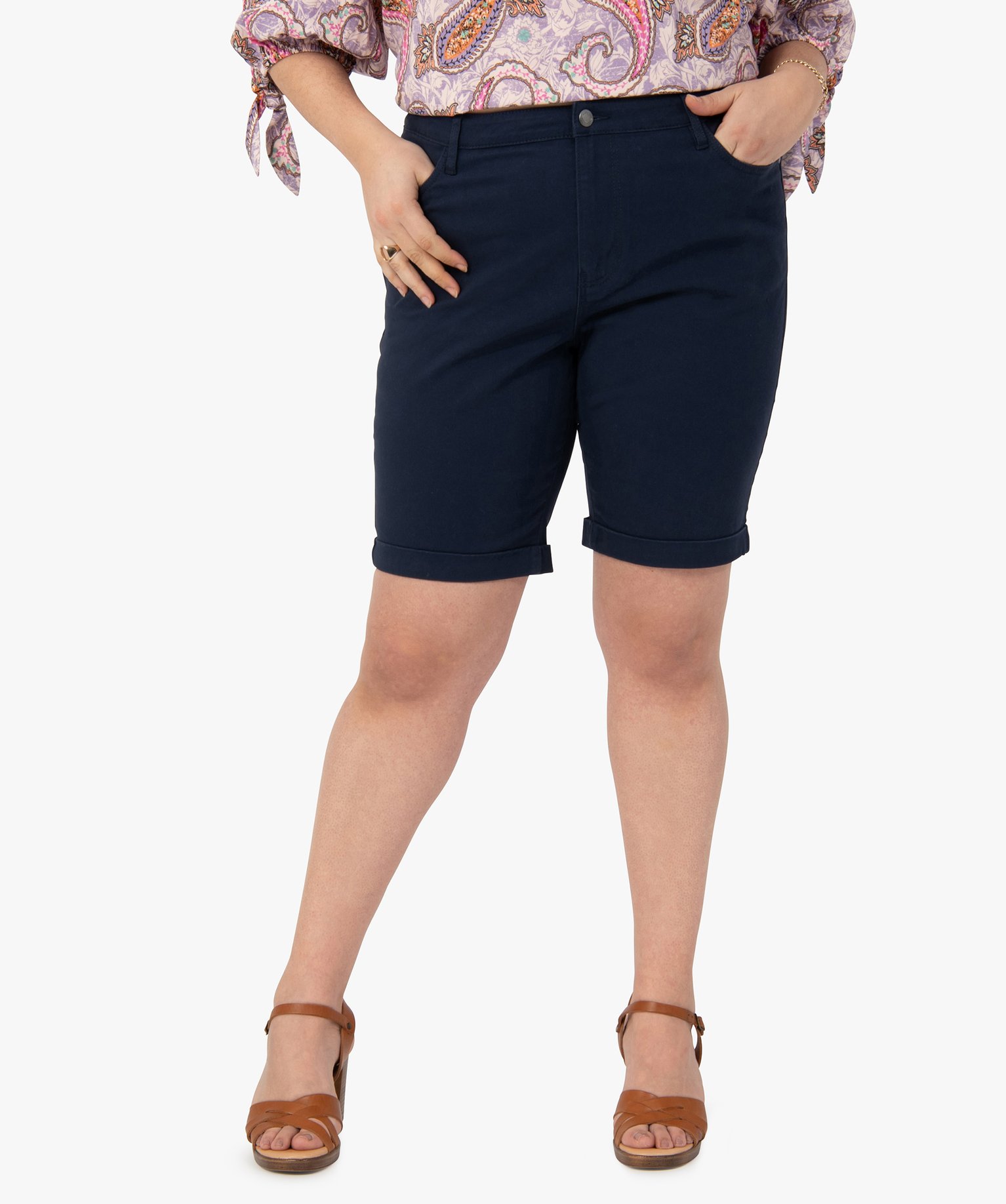 Bermuda femme grande taille en toile unie coupe ajustée - 52 - bleu fonce - GEMO