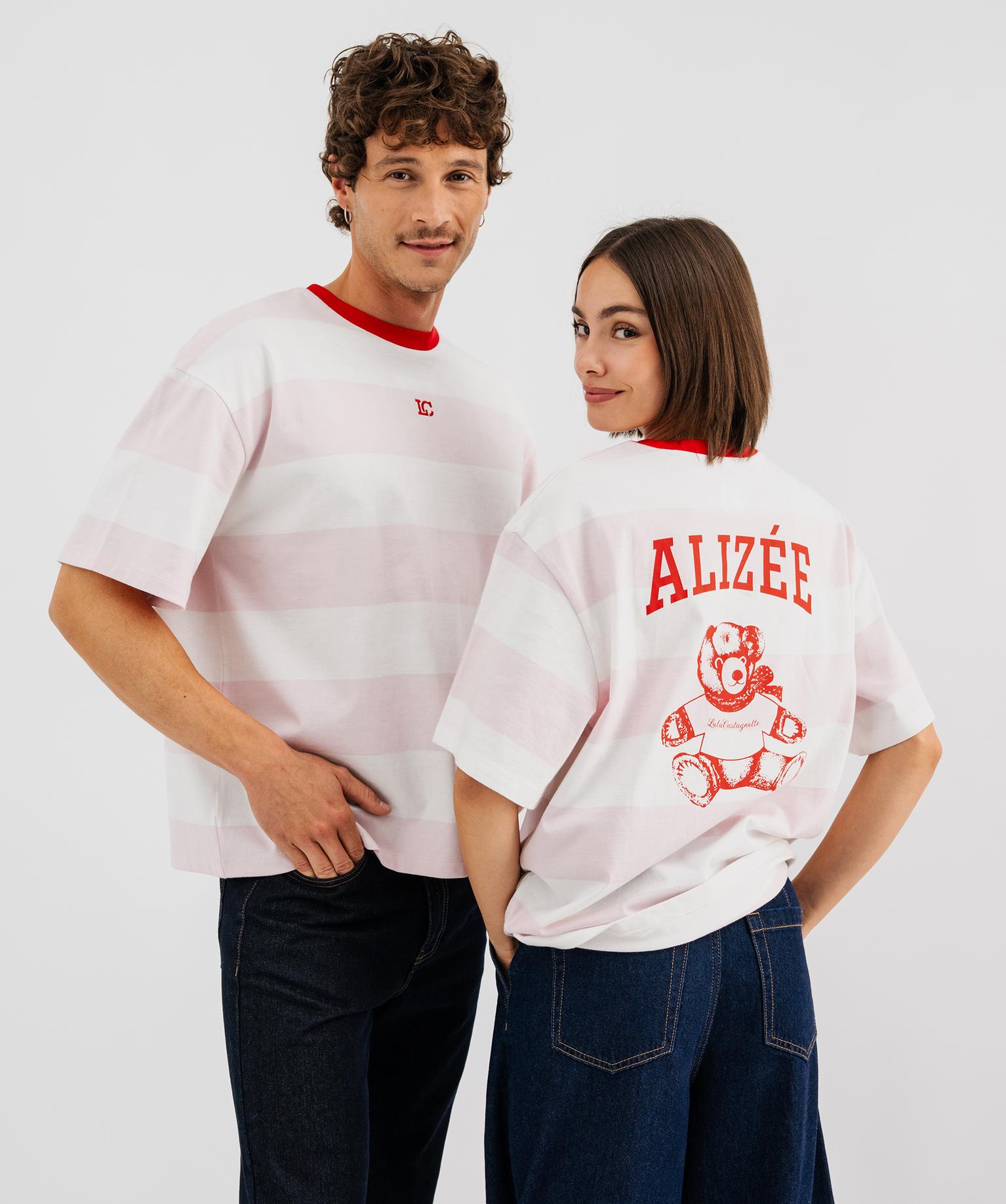Tee-shirt mixte manches courtes à larges rayures et imprimé dos - LuluCastagnette X Alizée - 50-52/XXL - rose - LULUCASTAGNETTE