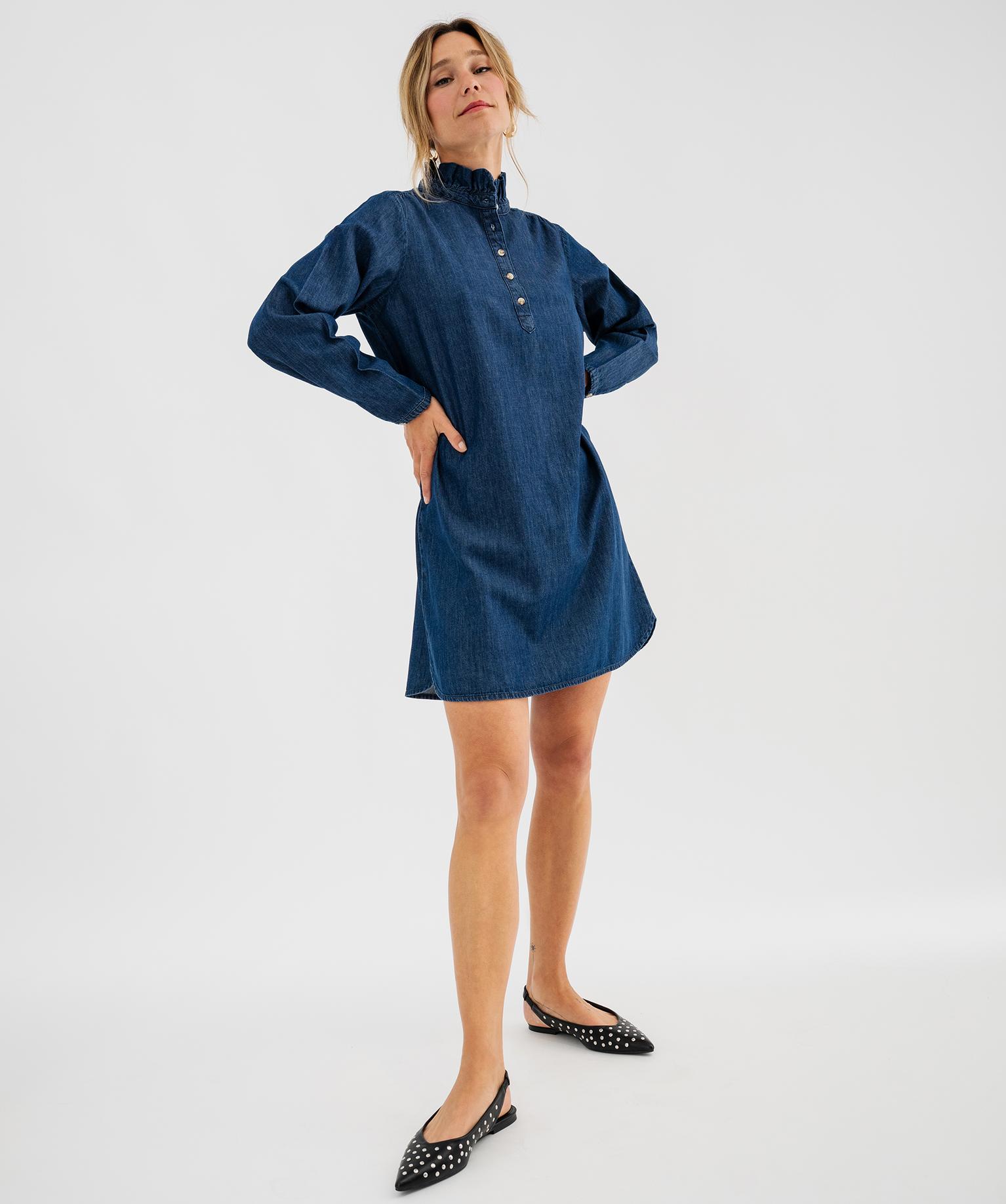 Robe courte aspect denim avec col à volants femme - 38-40/M - bleu standard - GEMO