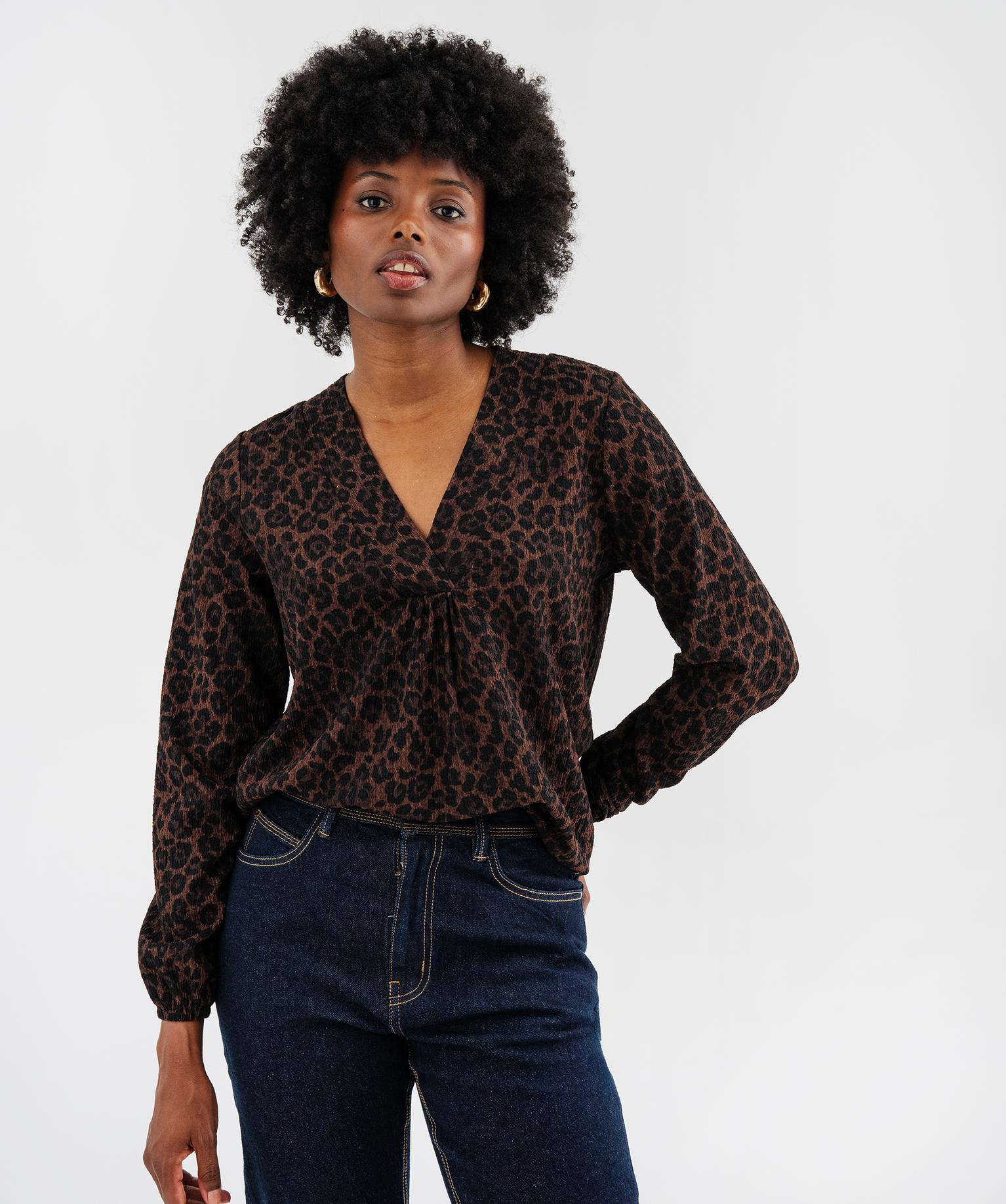 Blouse à manches longues et col V imprimée femme - 42-44/L - marron fonce - GEMO