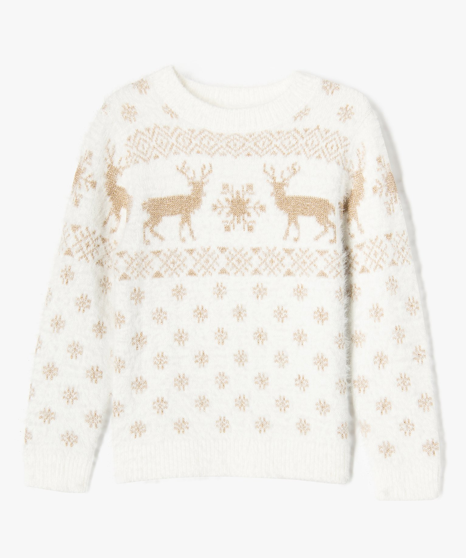 Pull Jacquard De Noël Pour Fille - Motifs Rennes Et Guirlandes Irisés - Manches Longues, Bord-côtes - Tendance Fêtes