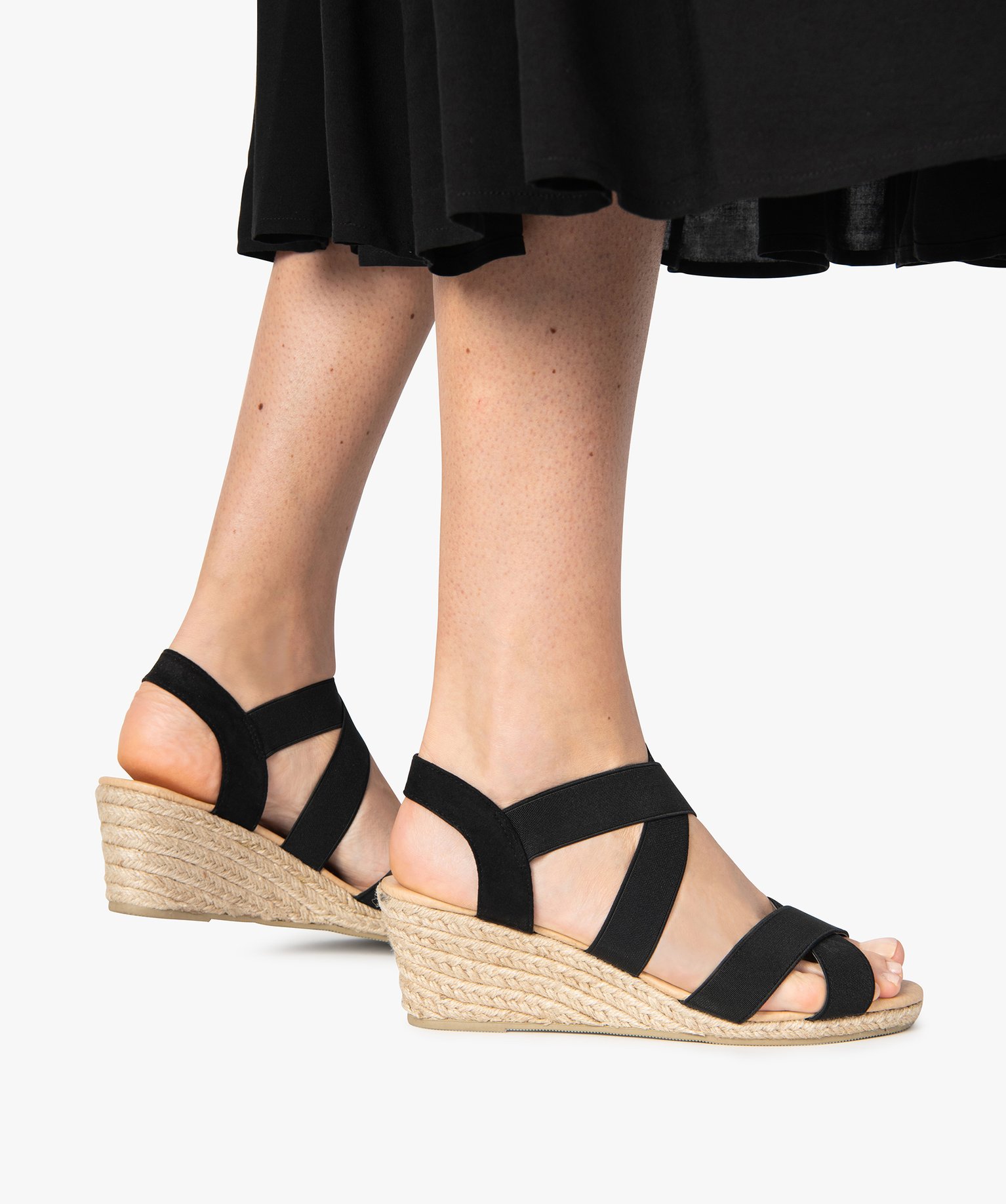 Sandales femme unies à talon compensé et brides élastiques - 39 - noir standard - GEMO