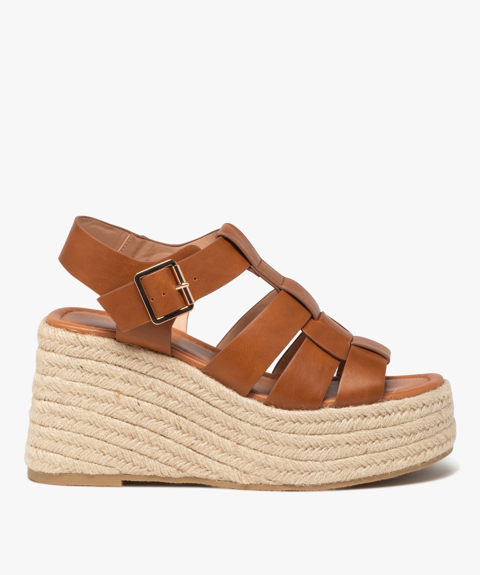 Sandales femme à talon compensé en corde avec brides larges - 39 - camel - GEMO