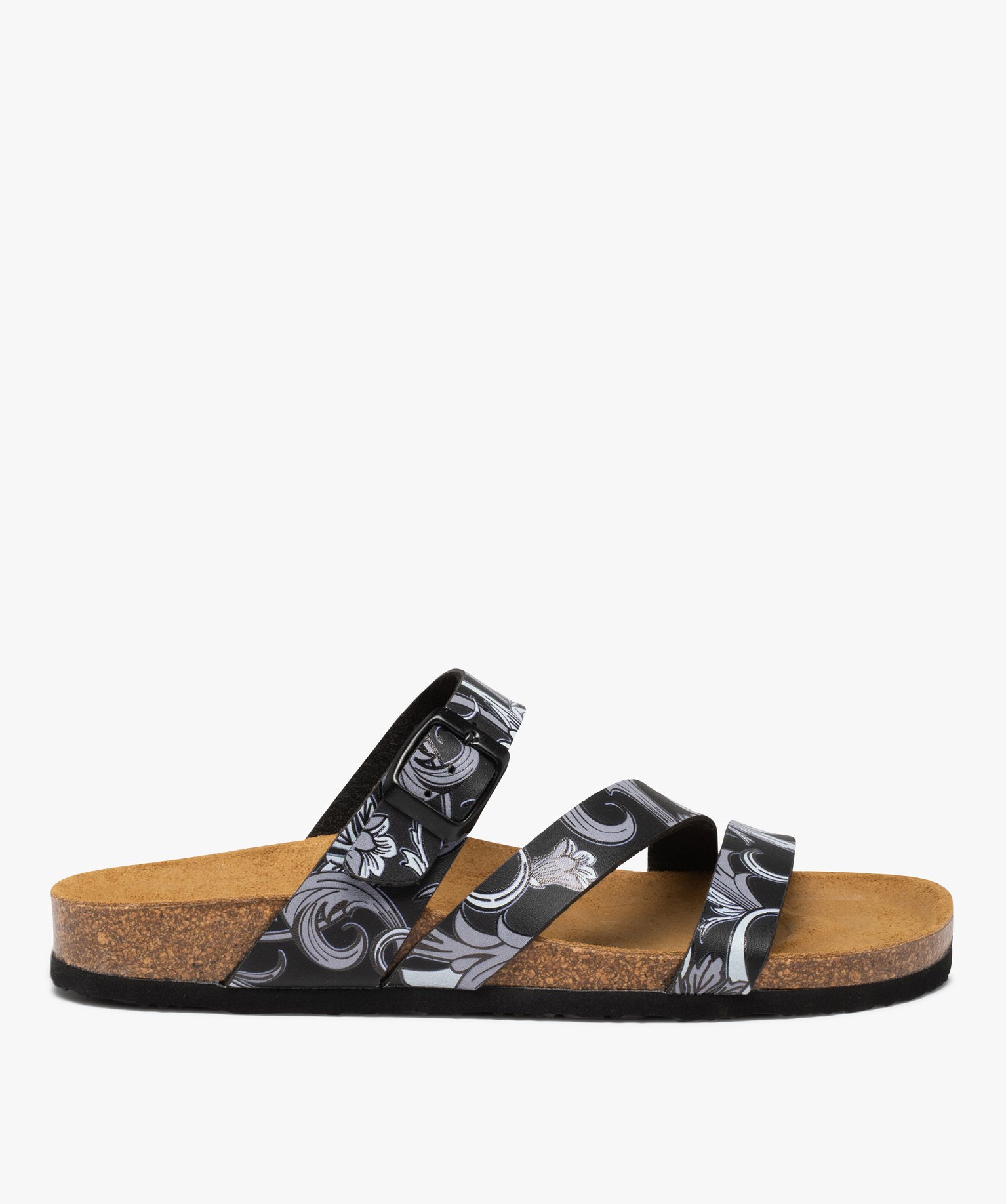 Mules femme à bride ajustable imprimée et semelle liège - 40 - noir - GEMO