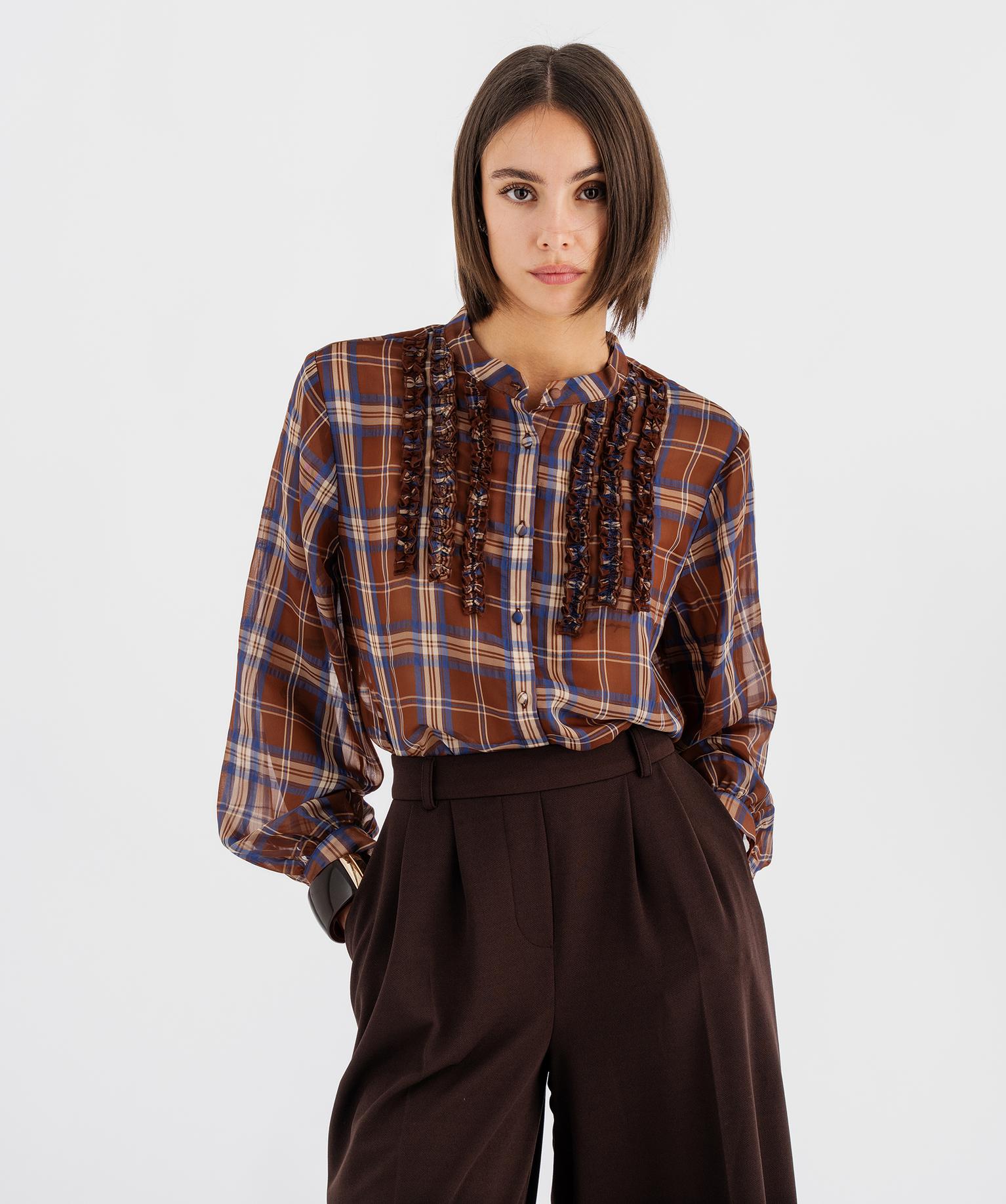 Chemise à carreaux col mao femme - 46-48/XL - marron clair - GEMO