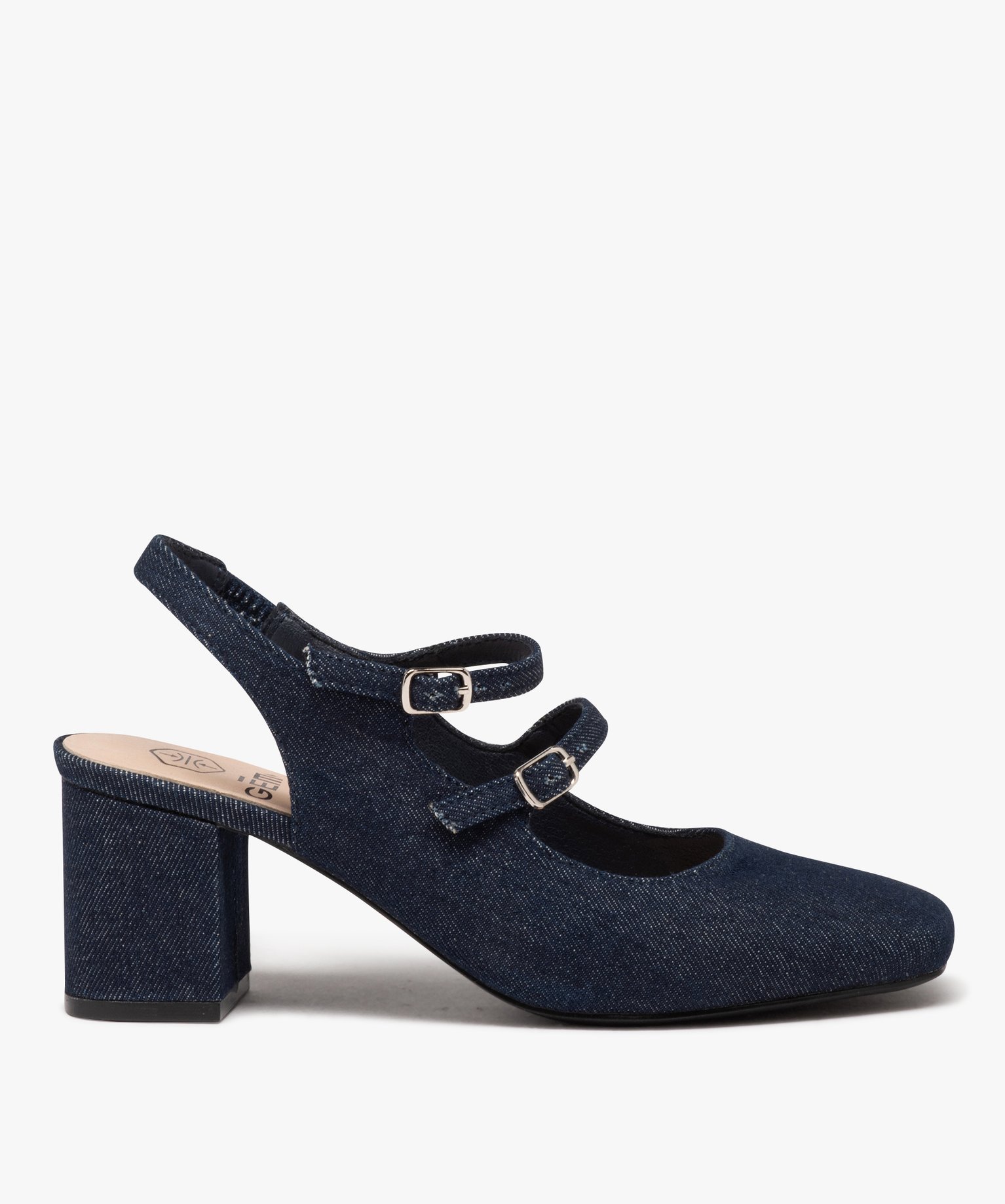 Escarpins femme unis à talon et bout carré avec brides à boucle - 37 - denim - GEMO